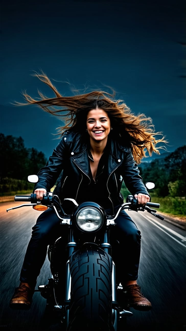 a girl,20yo,1girl,leather jacket,smile, long hair blowing by wind,Kristen Stewart lookalike,(dark:1.3),close-up
BREAK
backdrop:Riding a motorbike, wind in hair,city street or countryside road, dynamic pose, focused expression,at night,cluttered maximalism
BREAK
settings:(rule of thirds:1.3),perfect composition,depth of perspective,(masterpiece,best quality,detailed,realistic), chiaroscuro lighting
BREAK
by Antonio Lopez,Diego Koi,David Parrish,Canaletto and Edward Hopper,ek_real_b00ster,ek_art_b00ster,ek_ani_b00ster,ek_photo_booster