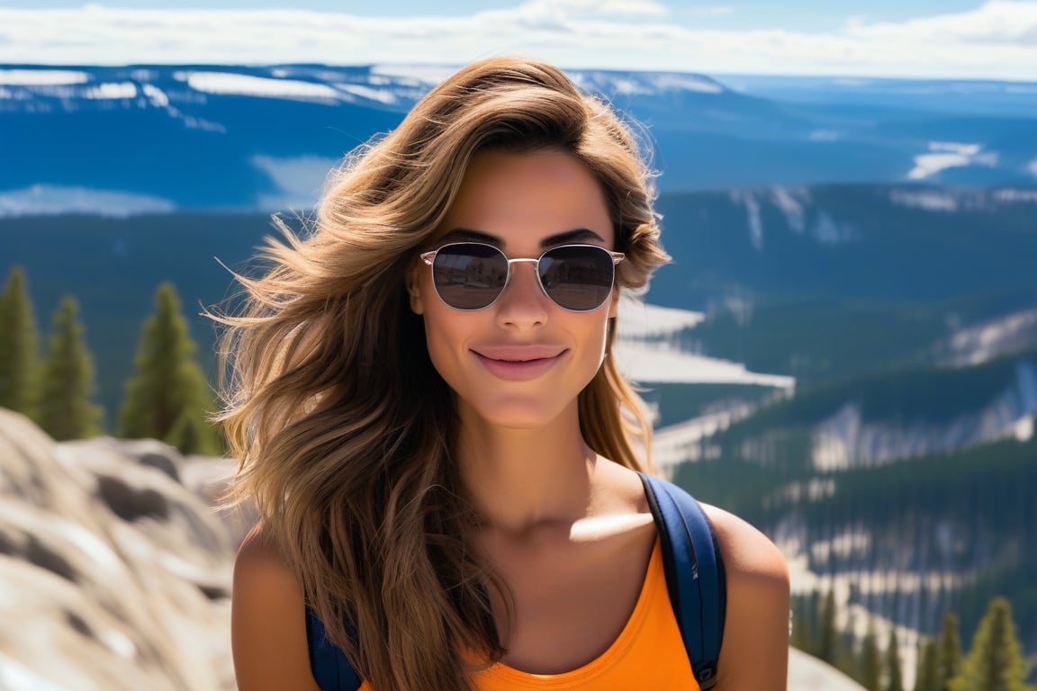 realistic photo of a beautiful American girl standing in mount washburn summit of Yellowstone,20yo,sunglasses,detailed face,model body,looking at viewer,playful smirks,detailed hair blowing,vibrant colors,elegant urban fashion,upper body focus
BREAK
backdrop:detailed photo of washburn mount summit \(wash9urn\) in Yellowstone,trail,grass,mountain,sky,cloud,deer
 BREAK 
rule of thirds,studio photo,detailed,realistic,cinematic lighting,Ye11owst0ne,,wash9urn