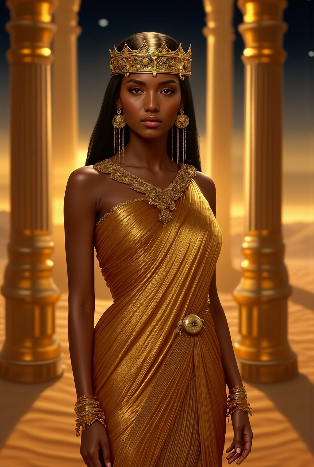 A mesmerizing goddess with an Egyptian flair, draped in flowing golden robes that shimmer like liquid light. Her skin is a warm, sun-kissed bronze, and her deep, almond-shaped eyes are lined with kohl, reminiscent of ancient Egyptian queens. She wears an ornate headdress adorned with intricate astrolabe designs, featuring small gears and celestial symbols that glow softly with a divine light.

Golden jewelry wraps around her arms and neck, with delicate chains that catch the light. Her posture is regal, and her expression is serene yet powerful, standing amidst ancient columns with celestial motifs. Behind her, the desert sands stretch into the horizon, illuminated by the warm glow of a setting sun, while stars begin to twinkle in the twilight sky.    realistic,detailed,sharp focus,high contrast,trending on artstation,rule of thirds,depth of perspective,chiaroscuro lighting.ek_ph0t0_b00ster,jisosmile,ct-identity,ek_art_b00ster,gal gadot,ek_real_b00ster,Hyoyeon