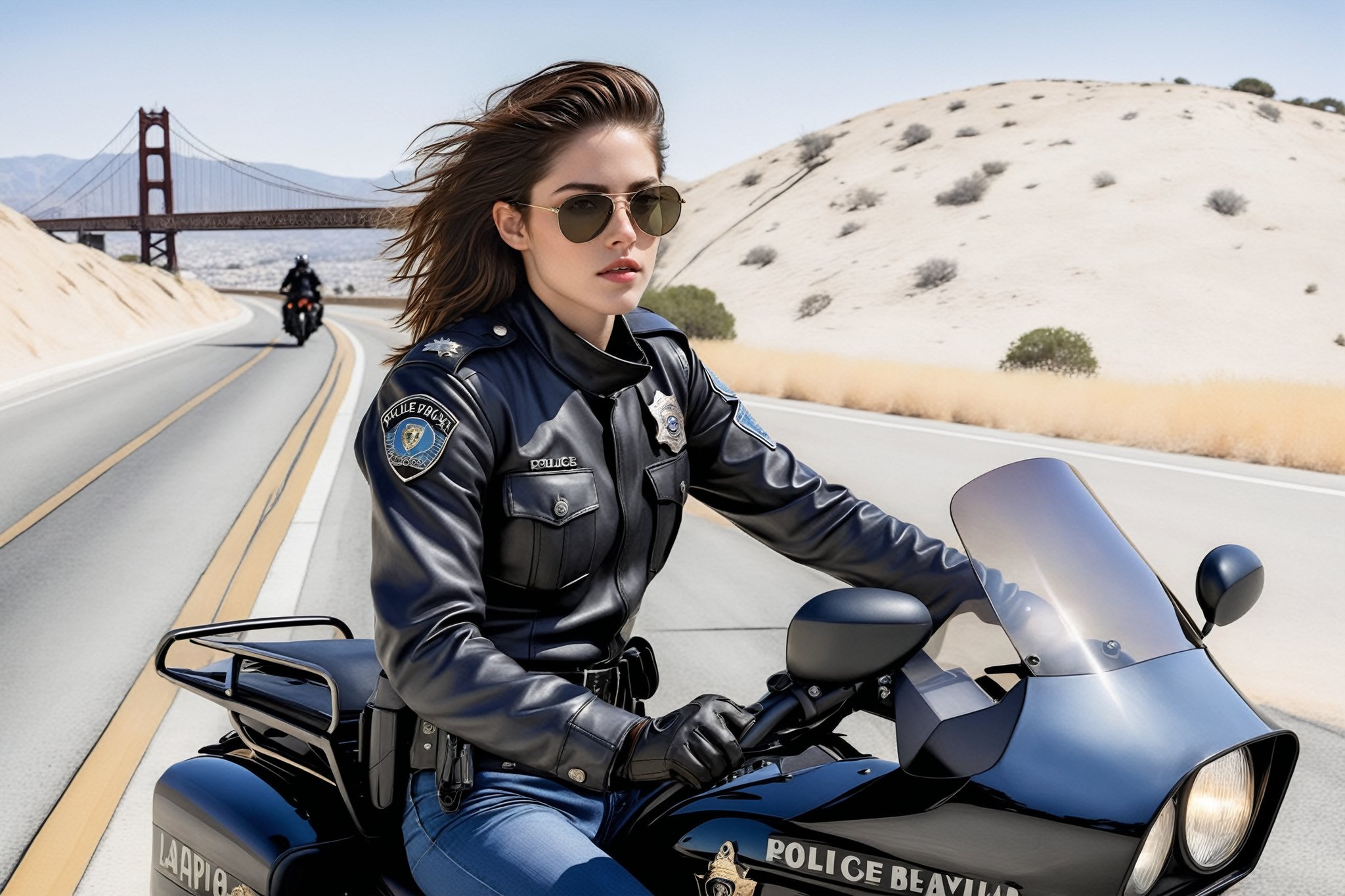 Hyper-Realistic photo of a beautiful LAPD police officer riding a police highway patrol motorcycle,20yo,1girl,solo,detailed exquisite face,soft shiny skin,lips,smile,looking at viewer,Kristen Stewart lookalike,LAPD police highway patrol uniform,helmet,sunglasses,fullbody:1.3 
BREAK backdrop:highway,bridge,city view,sky,[cluttered maximalism]
BREAK
settings: (rule of thirds1.3),perfect composition,studio photo,trending on artstation,depth of perspective,(Masterpiece,Best quality,32k,UHD:1.4),(sharp focus,high contrast,HDR,hyper-detailed,intricate details,ultra-realistic,kodachrome 800:1.3),(cinematic lighting:1.3),(by Karol Bak$,Alessandro Pautasso$,Gustav Klimt$ and Hayao Miyazaki$:1.3),art_booster,photo_b00ster, real_booster