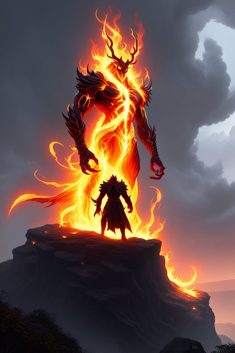 an evil man stands on a hill top. He uses the magic spell and turns into a powerful fire magic \(ek_ge1frt\) monster,ek_game_3ffect,