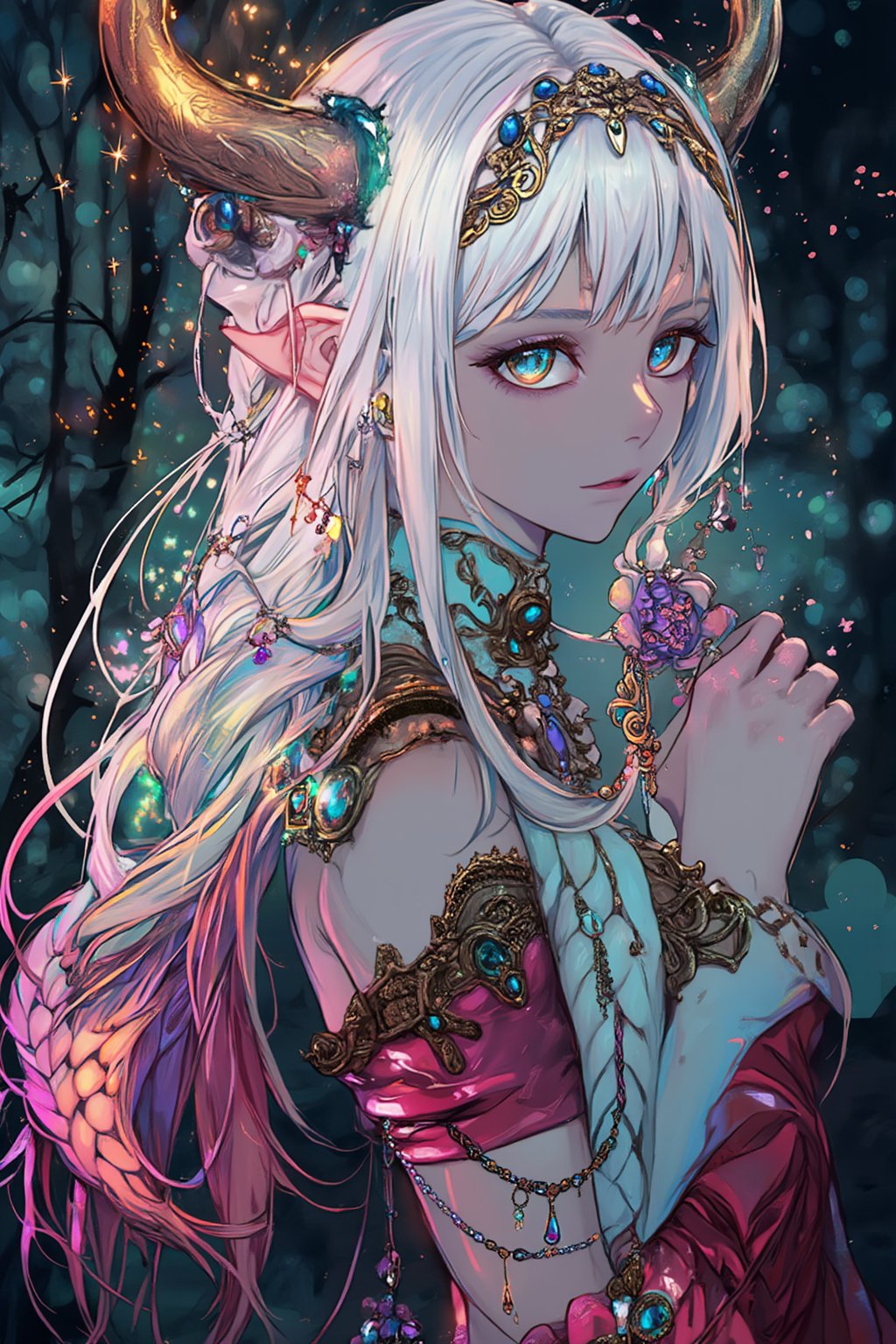 albino demon girl, (Long deer horn: 1.2) ,A shaman with deer antlers,(many ornaments hanging from the horn),crazy alternate hairstyle, amazingly intricately hair,colorful color hair, each braid painstakingly created,decorated with delicate accessories and beads,aesthetic,Beautiful Blue eyes, ,Rainbow haired girl ,dal-1, art nouveau,emo,1girl,Anime Style,ek_an1_b00ster