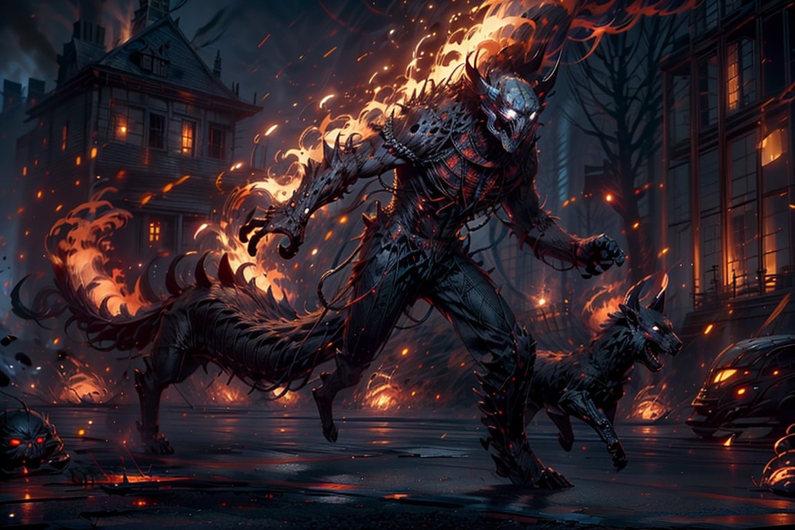 (masterpiece,best quality,ultra-detailed,8K,intricate, realistic),many animal type mosters are running forward for attacks,flame elemental magic,flames in background,full body,cinematic lighting,horror (theme)