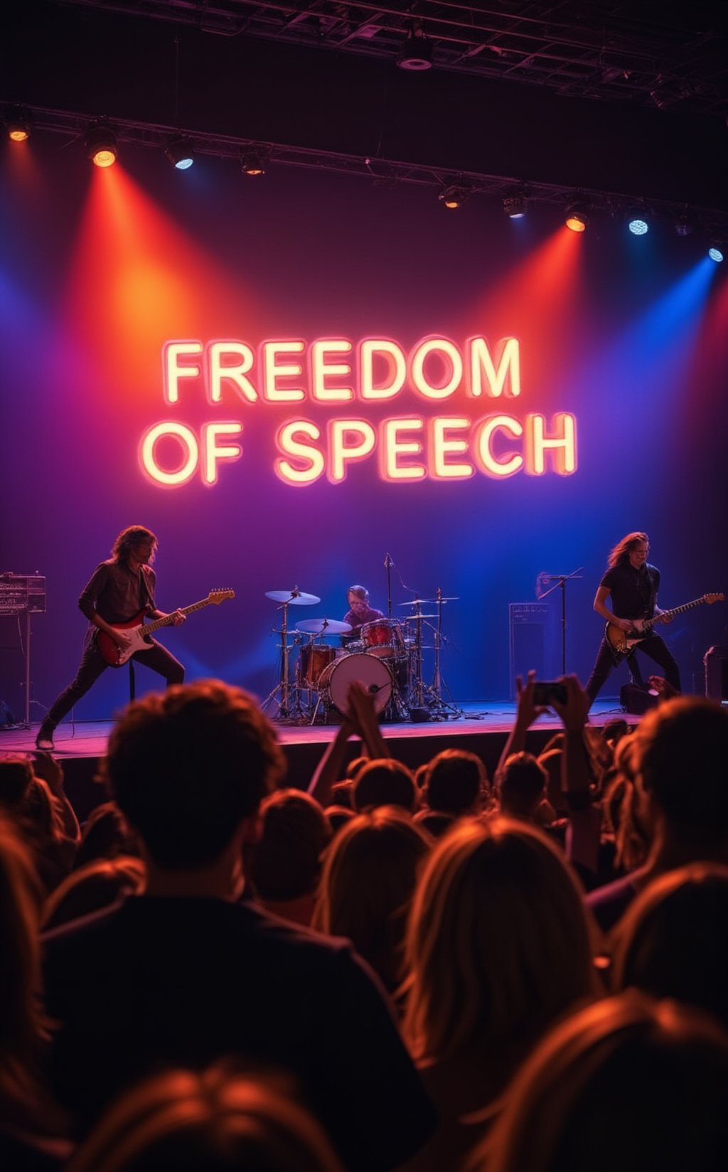 A high-energy rock concert scene with a band performing on stage, their instruments blaring as the lead singer belts out powerful lyrics. The stage is bathed in vibrant lights—flashes of red, blue, and purple illuminating the musicians, who are fully immersed in the performance. The band members are dynamic, with the lead guitarist striking a dramatic pose as they play, while the drummer keeps a fast, pounding rhythm. Behind them, high above the stage, a bright neon sign glows with the words 'Freedom of Speech,' its bold lettering casting a colorful reflection across the backdrop. In front of the stage, a large, energetic crowd dances and sways to the music. People are jumping, clapping, and moving to the beat, their excitement palpable in the air. The atmosphere is electric, a mixture of rebellion and liberation, as the music and the message on the neon sign combine to create a sense of freedom and expression. The scene captures the raw emotion and power of live music as a force for personal and collective freedom." This prompt evokes a lively and rebellious atmosphere where music and free expression are intertwined.
BREAK
realistic,detailed,sharp focus,high contrast,rule of thirds,depth of perspective,award-winning photo,chiaroscuro lighting
BREAK
ek_g1rl_02,ek_art_b00ster,beauy_ks01, ek_ph0t0_b00ster