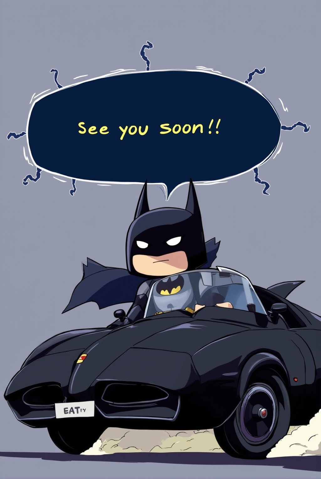 Anime of a batman on batmobile with a big word bubble on top saying text: "See you soon!". serious expression,simple background,by the style of Makoto Shinkai's artworks,detailed,realistic,ek_ph0t0_b00ster,ek_art_b00ster,ek_game_3ffect