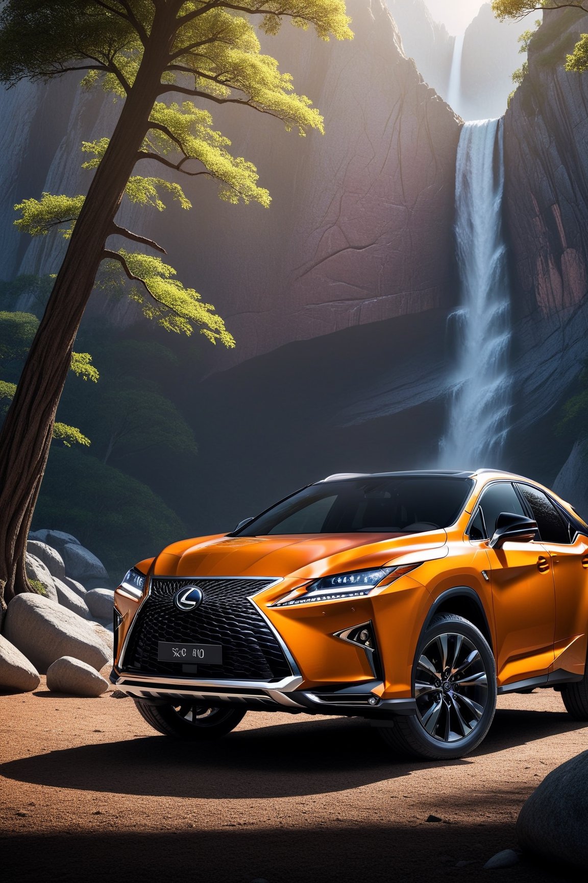 ((Ultra-realistic)) photo of Lexus RX 500h,sonic copper color,shiny spinning wheels,glossy black alloy rims with silver edge,bright turned on head lights
BREAK
(backdrop of yva11ey2,beautiful mountain with rock,tree,forest,vivid colors),depth of perspective,(wide shot),front view
BREAK
sharp focus,high contrast,studio photo,trending on artstation,rule of thirds,perfect composition,Hyper-detailed,H effect,photo_b00ster, real_booster,more detail XL,y0sem1te,yva11ey2
