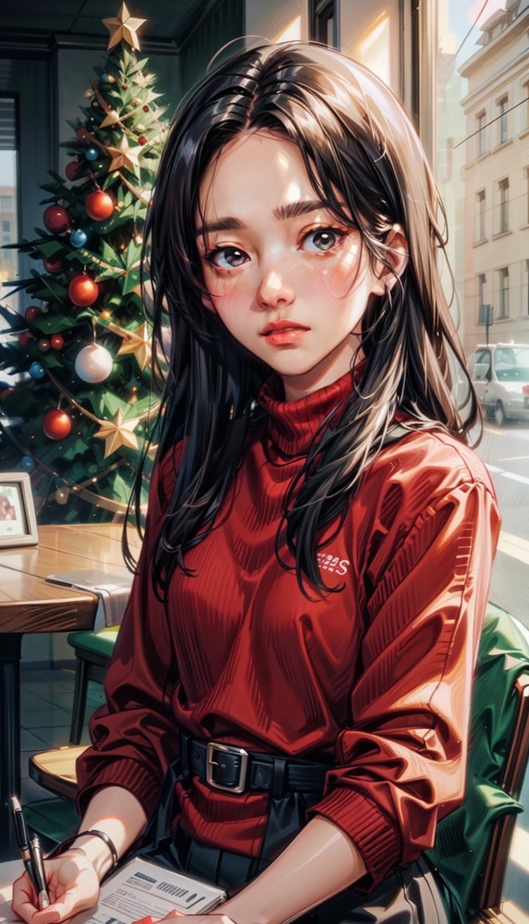 beautiful girl using notebook computer,sitting in cafe with X-mas tree and decoration,small face,red clothes,watercolor,by catherine kehoe,jenny saville and liu xiaodong,1 girl,kimtaeri