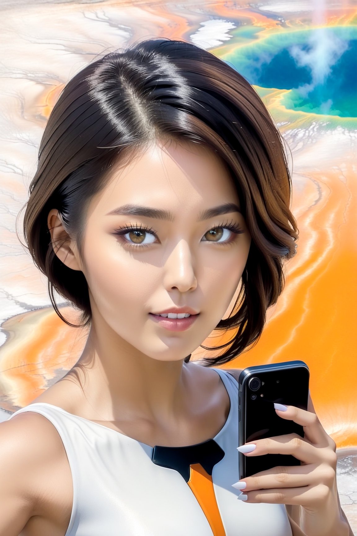 ((Hyper-Realistic)) photography of a beautiful girl taking selfie of Grand Prismatic Spring of Yellowstone,holding a smart phone,20yo,(detailed symmetric face:1.3),(symmetric eyes:1.2),detailed soft shiny skin,detailed eyes,sharp nose,short hair,hourglass figure,perfect female form,mesmerizing and alluring,looking at viewer,(upperbody shot:1.3)
BREAK
(backdrop;grandpr1smat1c,vivid color for Spring,orange mane-like soil around the pool,brown and white soil color,smoke from spring,brown and white color soil,1 spring)
BREAK
rule of thirds,studio photo,perfect composition,(masterpiece,HDR,trending on artstation,8K,Hyper-detailed,intricate details,hyper realistic,high contrast:1.3),cinematic lighting,soft rim lighting,key light reflecting in the eyes,by Karol Bak,Antonio Lopez,Gustav Klimt and Hayao Miyazaki,
wonder-woman-xl, photo_b00ster,real_booster, art_booster,seolhyun,Ye11owst0ne