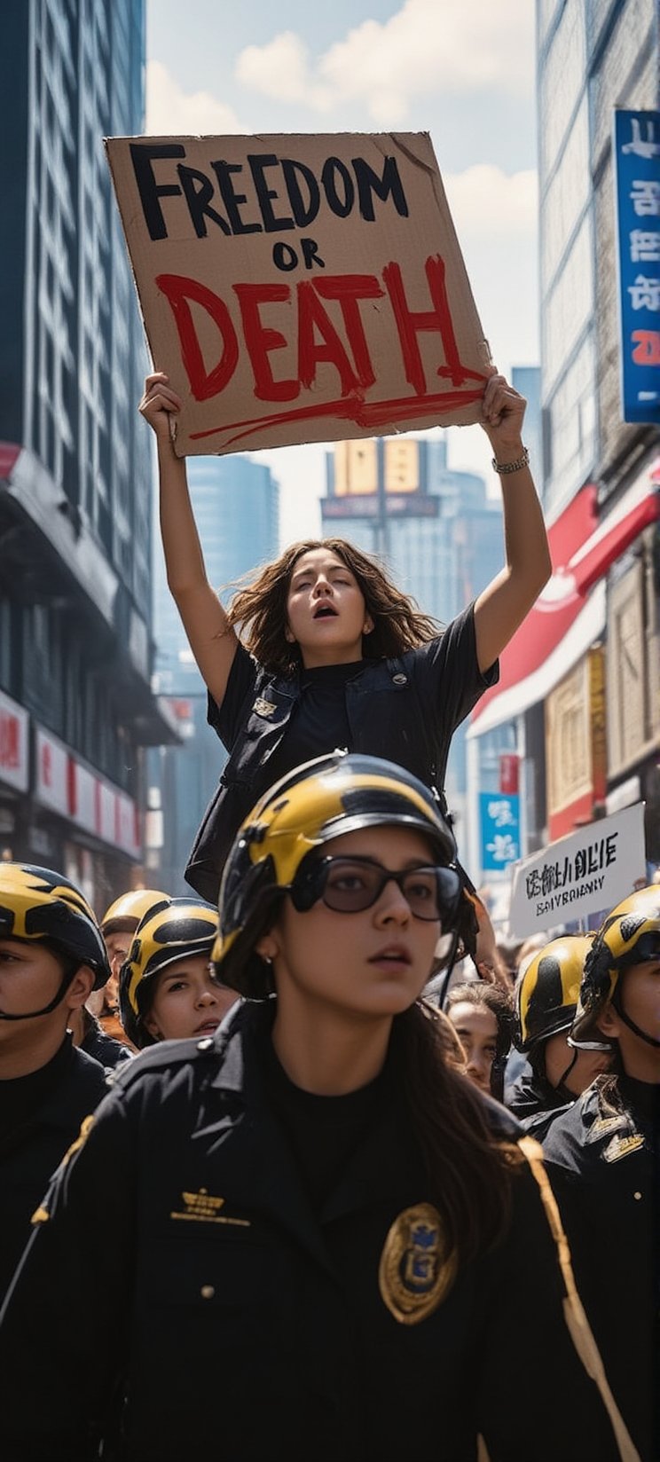 Anime of a powerful scene of a beautiful, determined woman leading a protest march, standing at the forefront of a crowd. She holds a bold, hand-painted banner that reads 'Freedom or Death,' her eyes filled with courage as she shouts passionately, her voice carrying over the crowd. The woman is not alone—beside her, protesters march in solidarity, gripping the edges of the same banner, their faces showing the same resolve and defiance. The atmosphere is tense, as uniformed police officers surround the group on all sides, their presence creating a stark contrast to the hopeful, fearless energy of the marchers. The woman’s posture is unwavering, her fist raised high as she leads the chant, symbolizing resistance and the fight for freedom. The scene captures a moment of bravery, where a single voice, joined by many, stands firm against oppression, with the looming threat of force ever-present. The tension in the air is palpable, but the spirit of the protesters remains unbroken." This prompt captures the emotion and intensity of a protest where the fight for freedom takes center stage.
BREAK
anime style by makoto shinkai,detailed,sharp focus,high contrast,rule of thirds,depth of perspective,award-winning photo,chiaroscuro lighting
BREAK
ek_g1rl_02,ek_art_b00ster,beauy_ks01, ek_ph0t0_b00ster,ek_an1_b00ster