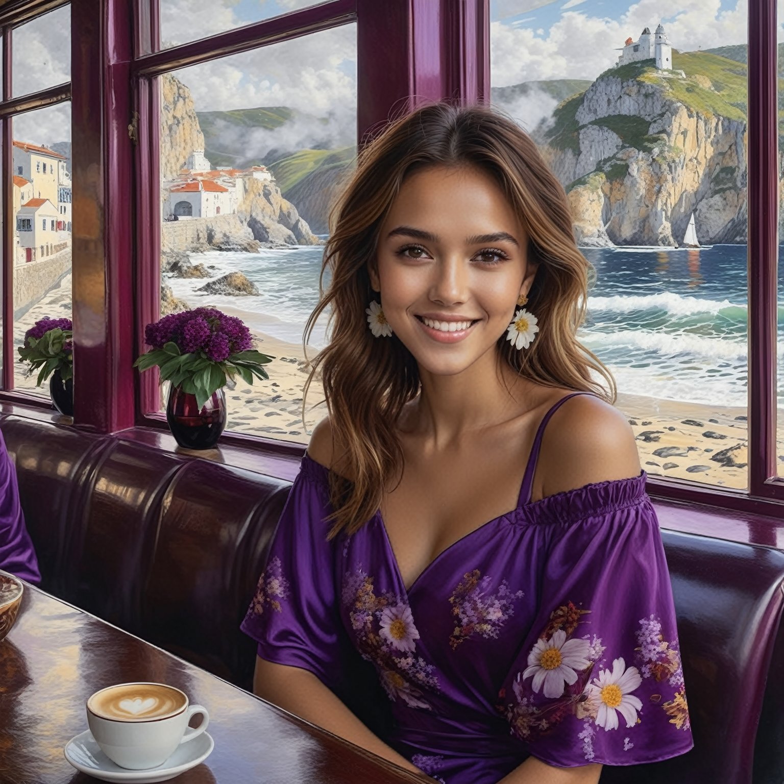 Hyper-Realistic photo of a beautiful girl sitting in a cafe,20yo,1girl,solo,detailed exquisite face,soft shiny skin,smile,looking at viewer,Jessica Alba lookalike,elegant dress,[deep purple and wine red color]
BREAK
backdrop:oceanview cafe,table,coffee mug,window,lamp, flower,(girl focus),cluttered maximalism
BREAK
settings: (rule of thirds1.3),perfect composition,studio photo,trending on artstation,depth of perspective,(Masterpiece,Best quality,32k,UHD:1.4),(sharp focus,high contrast,HDR,hyper-detailed,intricate details,ultra-realistic,kodachrome 800:1.3),(cinematic lighting:1.3),(by Karol Bak$,Alessandro Pautasso$,Gustav Klimt$ and Hayao Miyazaki$:1.3),art_booster,photo_b00ster, real_booster