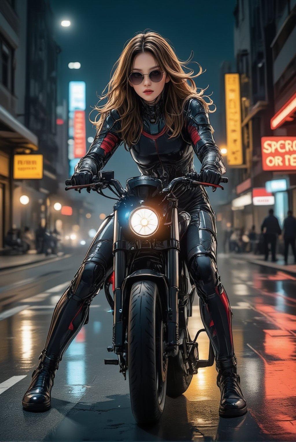 a cyborg girl in mecha armor. Black and red colored armor. neon light lines glowing, exquisite face, soft shiny skin, longhair blowing, sunglasses. riding a motor cycle, kawasaki ninja h2 carbon at high speed,city street backdrop,puddles,focused expression,dark,((Big neon light saying "Freedom or Death" in the background))
BREAK
realistic,detailed,sharp focus,high contrast,rule of thirds,depth of perspective,award-winning photo,chiaroscuro lighting,ek_g1rl_02,ink style