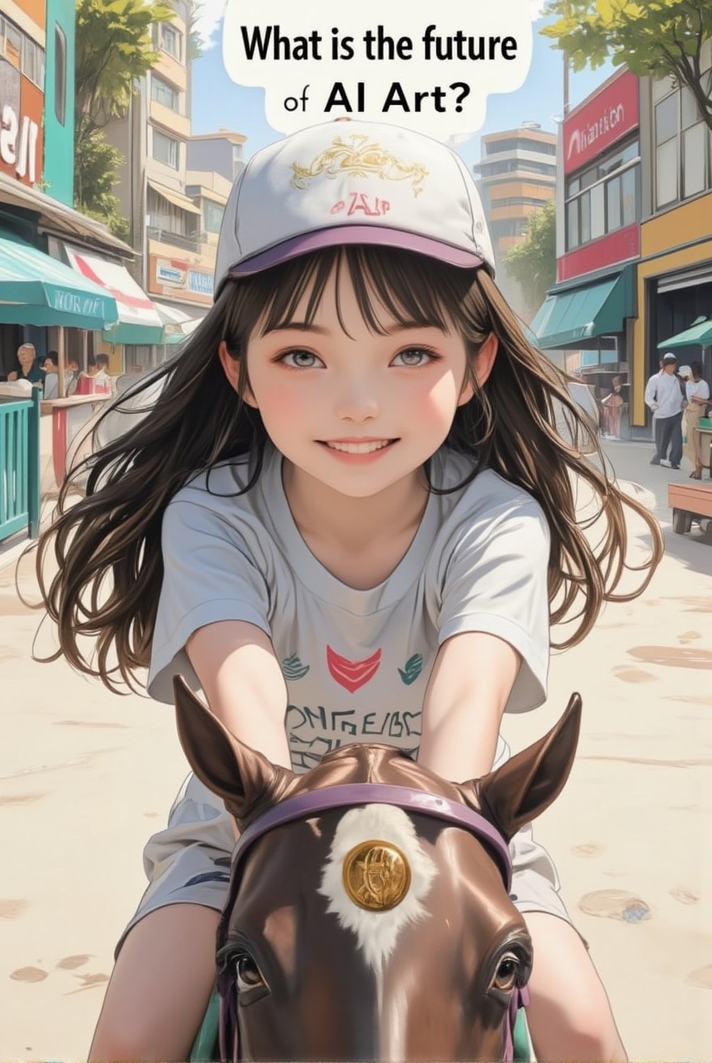 An anime of a cute girl saying "What is the future of AI Art?" in a big word bubble.big smile.riding a toy horse in a playground,beauy_ks01,anime style,ek_an1_b00ster,acryli painting,ILLUSTRANIME