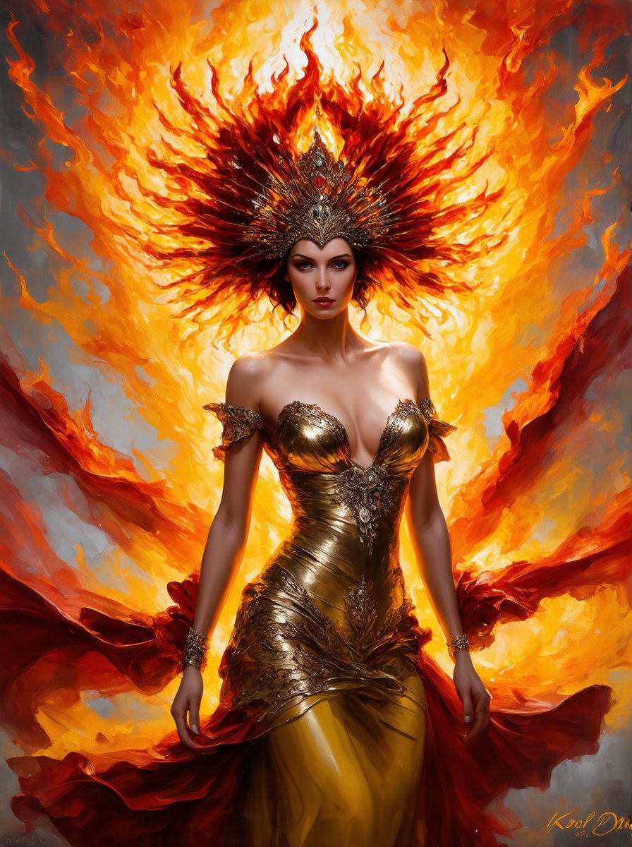 Create an oil painting in the style of Karol Bak, featuring a regal woman with an air of elegance and mystery. She should be adorned in intricate, flowing attire with a blend of metallic and organic textures. Her attire and headdress should incorporate elements of fire, giving the impression of flames and energy radiating around her. The color palette should be dominated by vibrant oranges, yellows, and reds, with rich contrasts and dynamic brushstrokes to evoke a sense of movement and intensity. The woman's expression should be confident and captivating, and the overall composition should be surreal and fantastical, with attention to fine details and a dramatic atmosphere,ek_art_b00ster