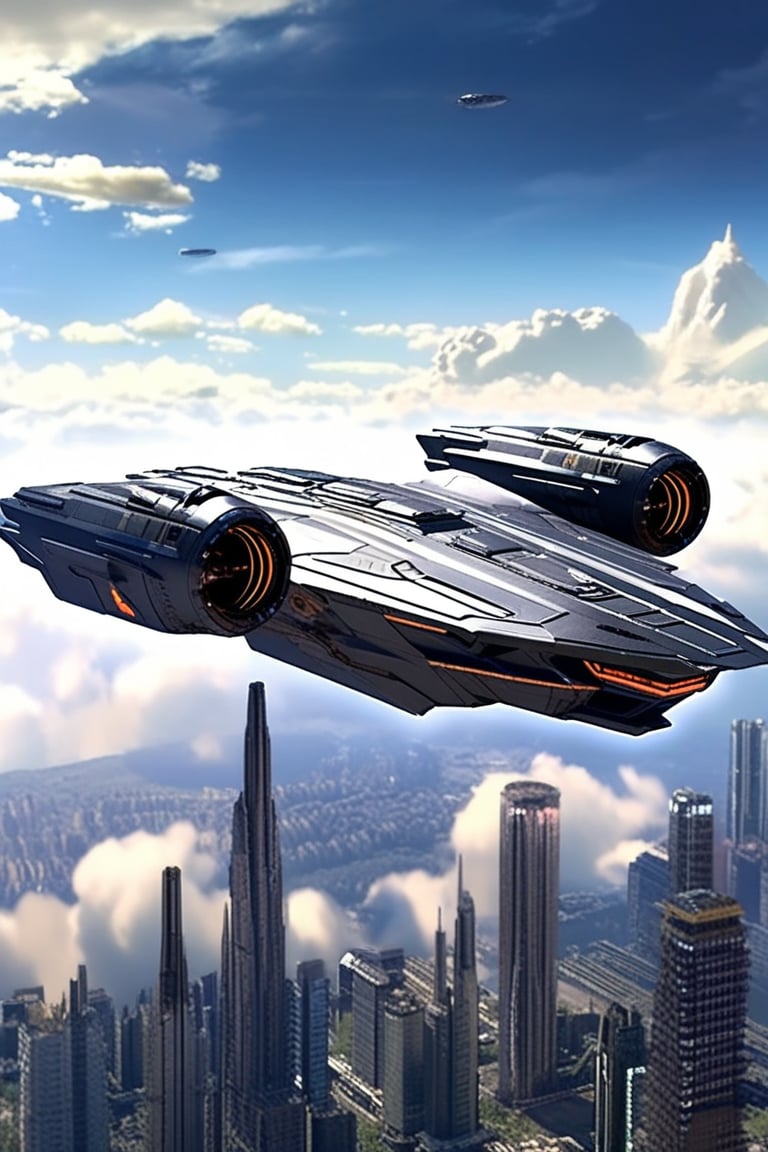 A starship razor crest \(star wars\) flying over a city,sky,cloud,futuristic city skyscrapers,realistic,detailed,ek_raz0r_cre5t,ek_rcfr0nt_left