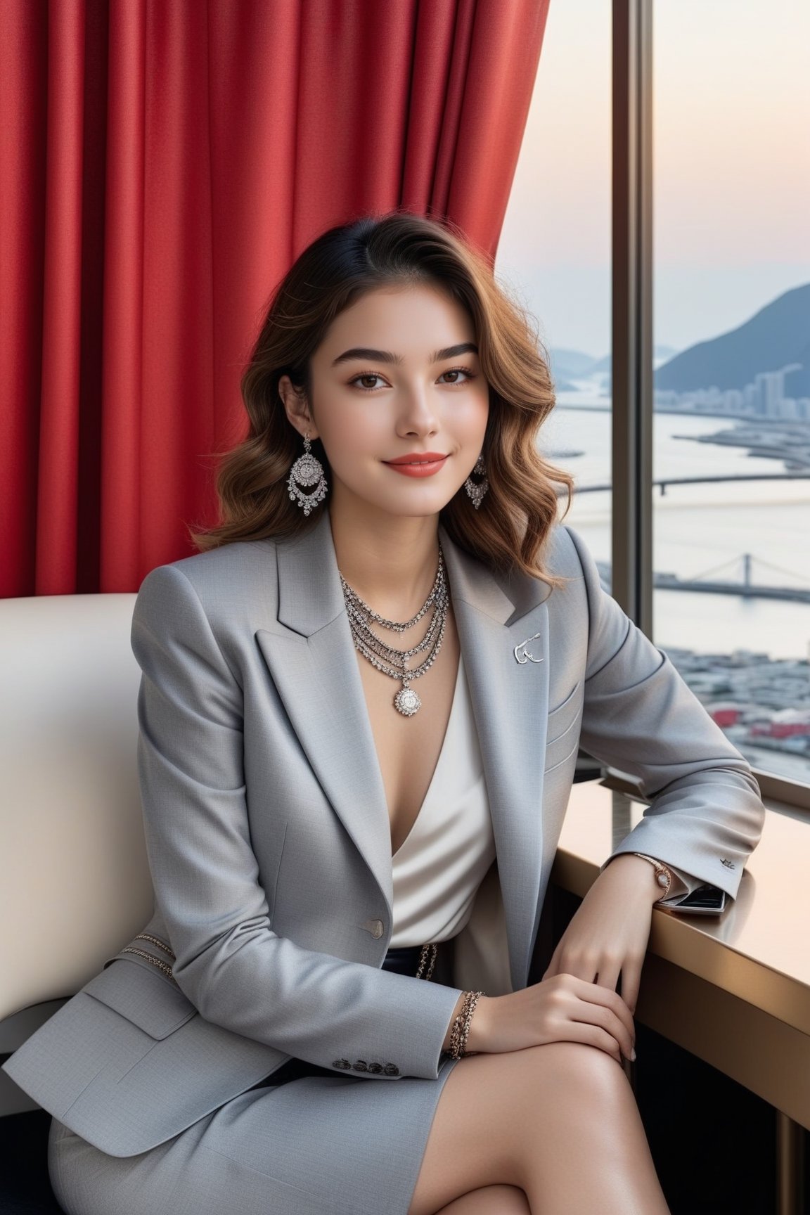 Hyper-Realistic photo of a french girl sitting in a hotel room chair,20yo,1girl,perfect female form,perfect body proportion,perfect anatomy,red and grey color,elegant jacket ,detailed exquisite face,soft shiny skin,smile,mesmerizing,disheveled hair,small earrings,necklaces,chanel bag,cluttered maximalism
BREAK
(backdrop of a beautiful night scene of Gwang Ahn Dae Gyo bridge in Busan,Korea,ocean,bridge,table, window,curtain,coffee mug),(fullbody:1.2)
BREAK
(rule of thirds:1.3),perfect composition,studio photo,trending on artstation,(Masterpiece,Best quality,32k,UHD:1.4),(sharp focus,high contrast,HDR,hyper-detailed,intricate details,ultra-realistic,award-winning photo,ultra-clear,kodachrome vintage:1.25),(chiaroscuro lighting,soft rim lighting:1.15),by Karol Bak,Antonio Lopez,Gustav Klimt and Hayao Miyazaki,photo_b00ster,real_booster,art_booster