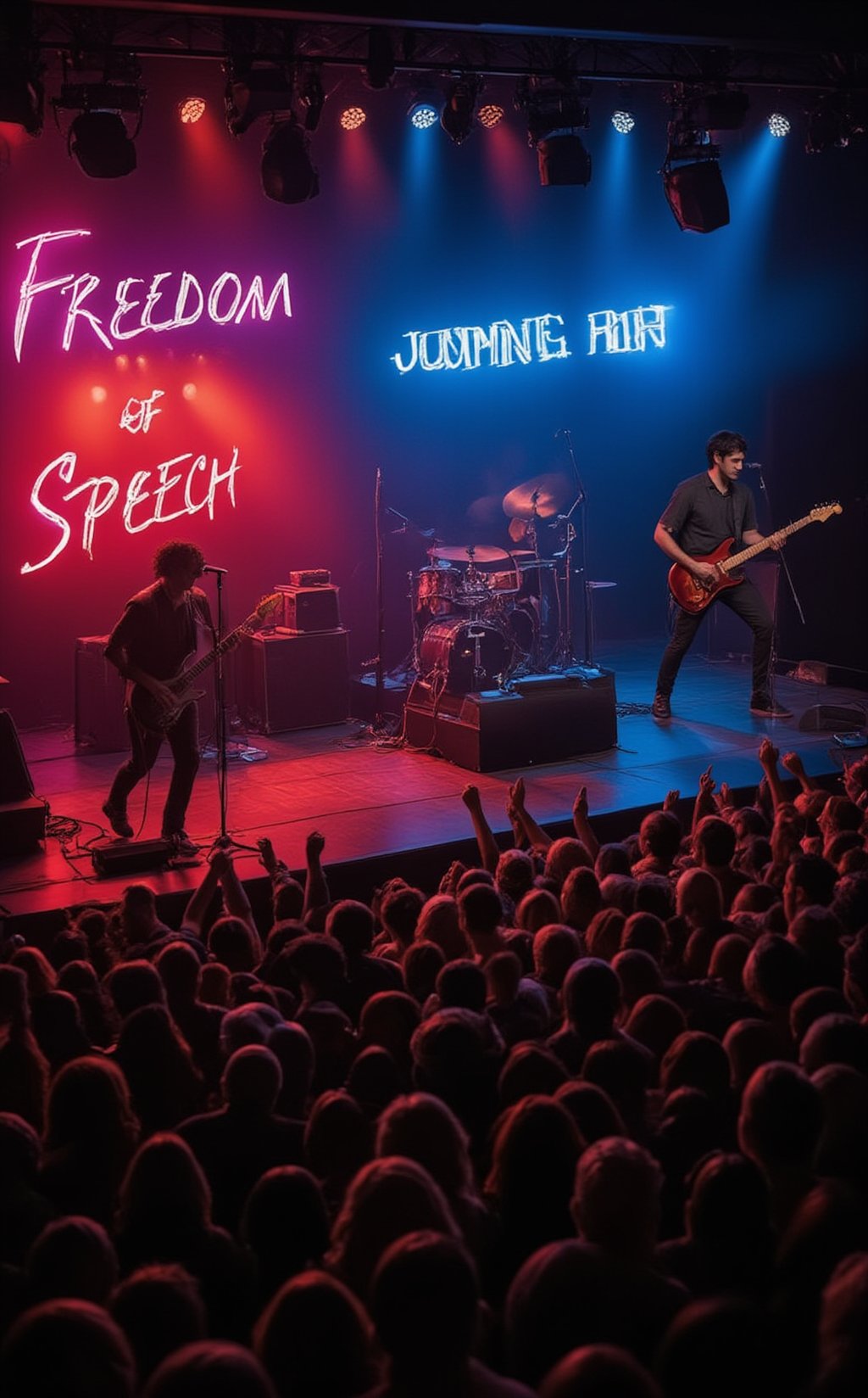 A high-energy rock concert scene with a band performing on stage, their instruments blaring as the lead singer belts out powerful lyrics. The stage is bathed in vibrant lights—flashes of red, blue, and purple illuminating the musicians, who are fully immersed in the performance. The band members are dynamic, with the lead guitarist striking a dramatic pose as they play, while the drummer keeps a fast, pounding rhythm. Behind them, high above the stage, a bright neon sign glows with the words 'Freedom of Speech,' its bold lettering casting a colorful reflection across the backdrop. In front of the stage, a large, energetic crowd dances and sways to the music. People are jumping, clapping, and moving to the beat, their excitement palpable in the air. The atmosphere is electric, a mixture of rebellion and liberation, as the music and the message on the neon sign combine to create a sense of freedom and expression. The scene captures the raw emotion and power of live music as a force for personal and collective freedom." This prompt evokes a lively and rebellious atmosphere where music and free expression are intertwined.
BREAK
realistic,detailed,sharp focus,high contrast,rule of thirds,depth of perspective,award-winning photo,chiaroscuro lighting
BREAK
ek_g1rl_02,ek_art_b00ster,beauy_ks01, ek_ph0t0_b00ster