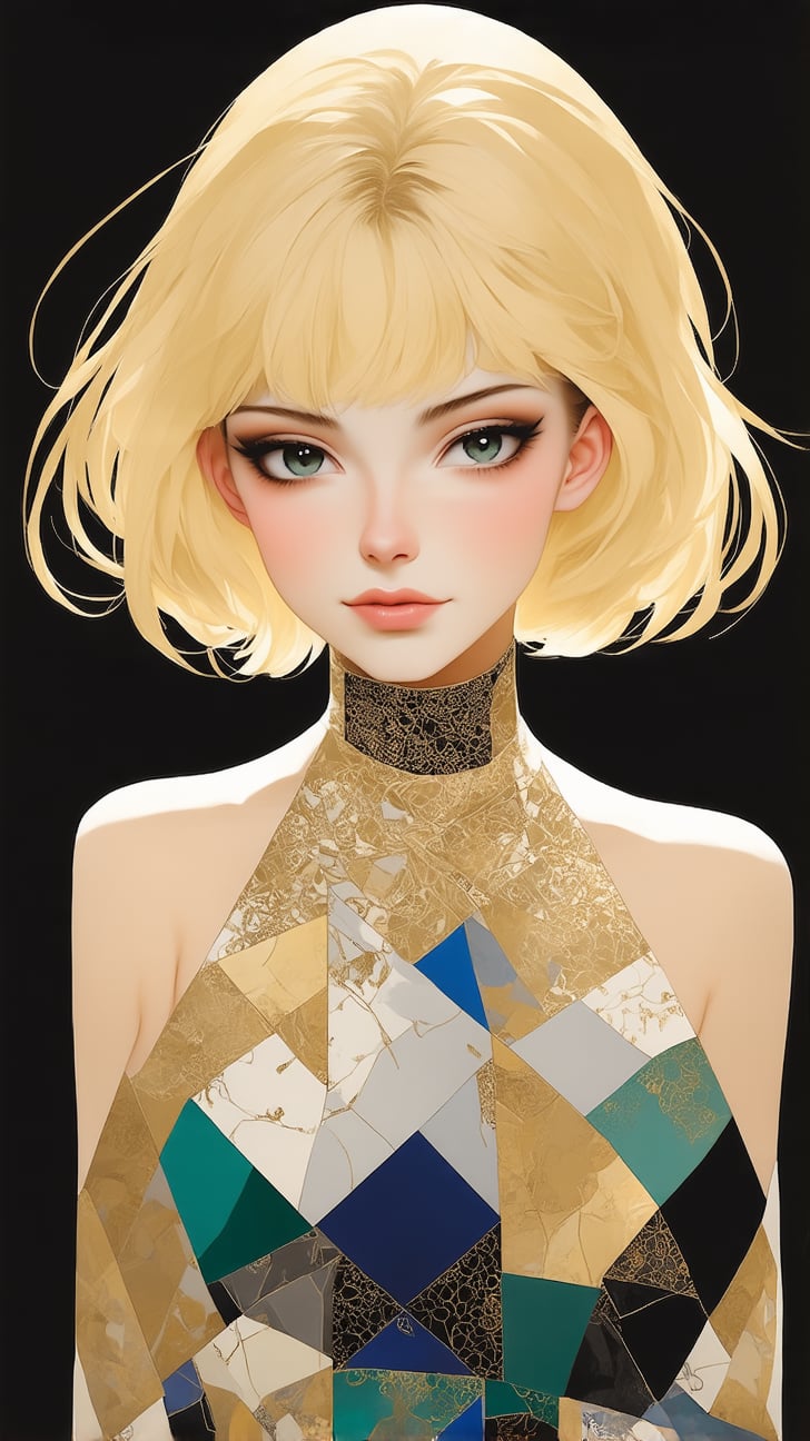 ((Anime Style)) of A sophisticated fashion model girl,short blonde hair,dynamic character,20yo,detailed exquisite face,parody,

complex background,dynamic light and shadow,bold high quality,high contrast (patchwork art:1.2),Upperbody, vibrant colors,looking at viewer,by Gustav Klimt and [[karol bak]],ek_ptch_art,ek_ani_b00ster,ek_art_b00ster,