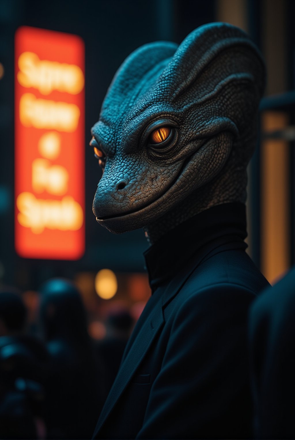 A sleek and imposing reptilian figure, dressed in a sharp suit, stands confidently in front of a crowd. Above it, a glowing neon sign reads 'Suppression of Free Speech,' casting an eerie light on the scene. The reptilian’s true face is hidden behind a smiling human mask, projecting an air of charm and authority. While the onlookers are captivated by the charismatic façade, subtle hints of its true nature peek through—the gleam of scales and cold, calculating eyes just visible at the edges of the mask. This scene captures the eerie contrast between the reptilian overlord's deceptive appearance and its sinister intent, embodying the hidden control exerted over humanity.
BREAK
detailed exquisite face,soft shiny skin,realistic,detailed,sharp focus,high contrast,rule of thirds,depth of perspective,award-winning photo,chiaroscuro lighting,ek_g1rl_02,ek_ph0t0_b00ster