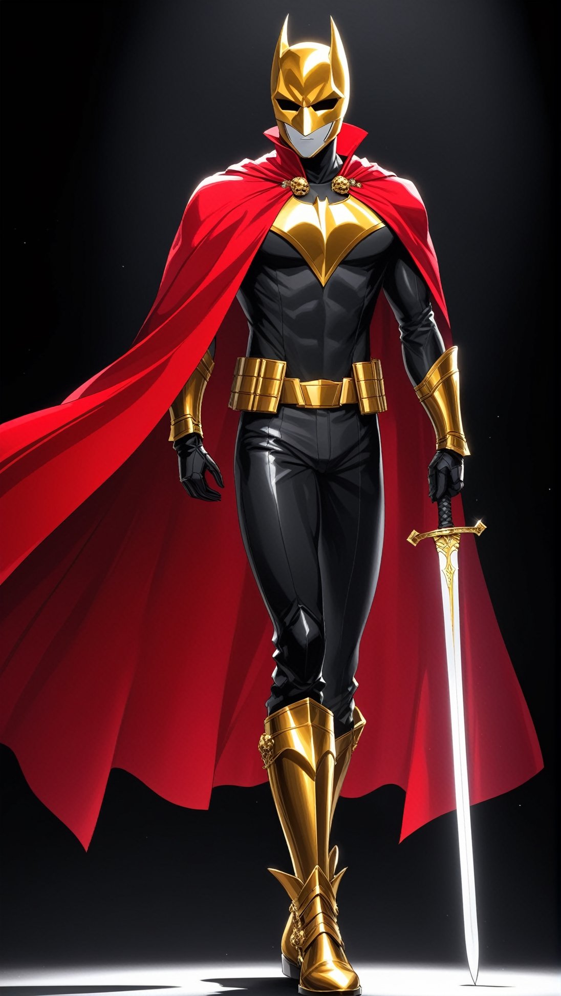 Hyper-Detailed Anime of The Golden Bat \(黄金バット\),solo,1boy, weapon,male focus,boots,sword,cape,mask,parody,skull face,gold colored face and body,black and red cape,superhero,simple background,cluttered maximalism
BREAK
(rule of thirds:1.3),(thick drawing lines:1.2),perfect composition,studio photo,trending on artstation,(Masterpiece,Best quality,32k,UHD,sharp focus,high contrast,HDR,hyper-detailed,intricate details,ultra-clear:1.3),(cinematic lighting),photo_b00ster, real_booster,art_booster,ani_booster