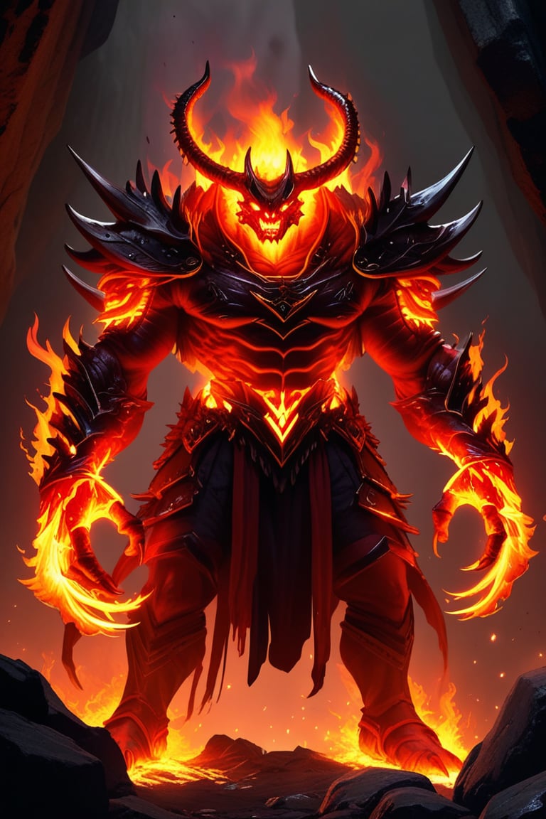 a devil monster stands in dark cave. He uses the magic ring and turns into the ultimate form of a fire magic \(ek_ge1frt\) monster,fire elemental,ek_game_3ffect,ek_real_b00ster