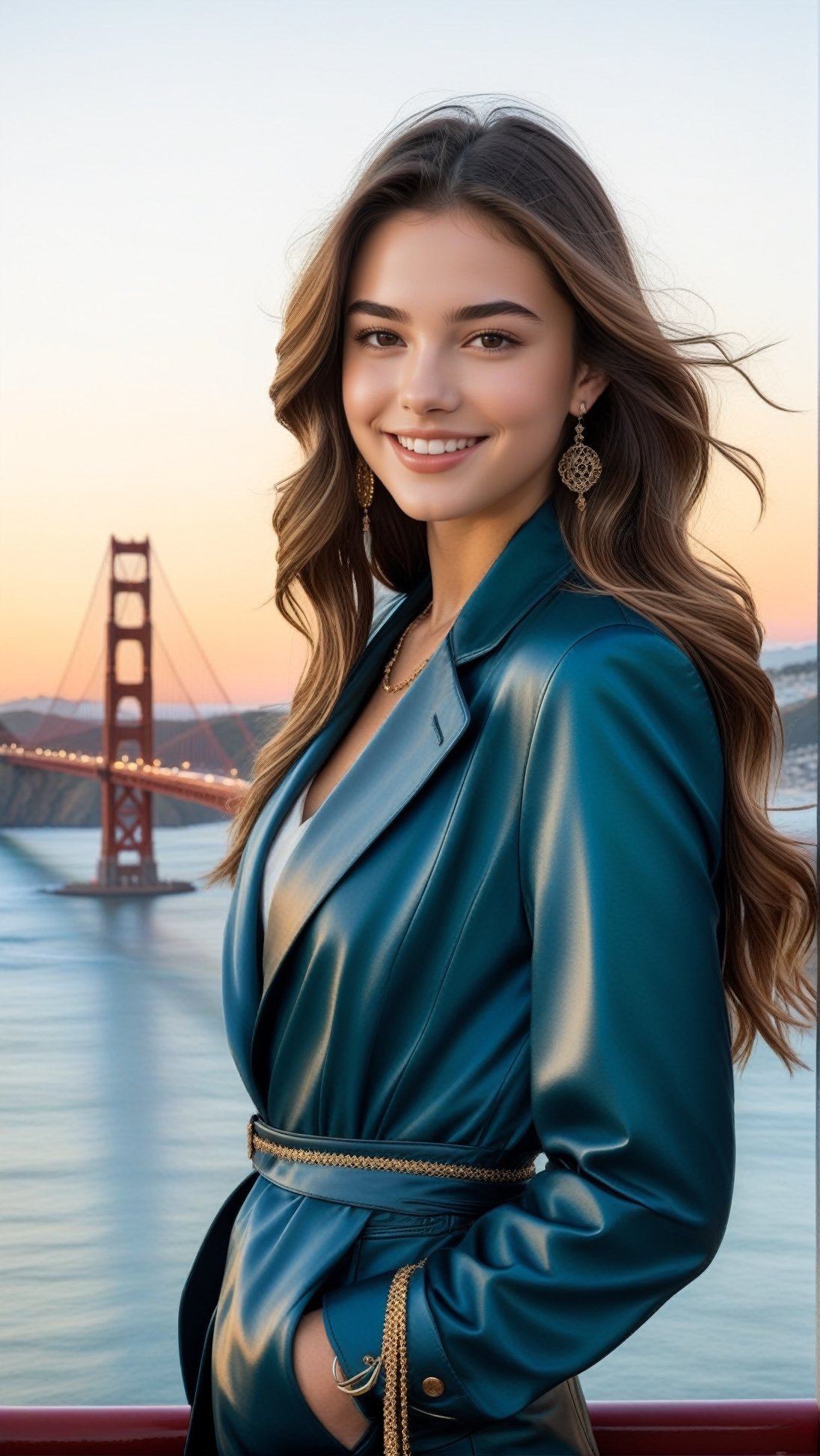 Hyper-Realistic photo of a french girl,20yo,1girl,perfect female form,perfect body proportion,perfect anatomy,aqua color,elegant jacket,detailed exquisite face,soft shiny skin,smile,mesmerizing,long hair,small earrings,necklaces,prada bag
BREAK
(backdrop of vista point of Golden Gate Bridge in San Francisco,sunset),(fullbody:1.2)
BREAK
(rule of thirds:1.3),perfect composition,studio photo,trending on artstation,(Masterpiece,Best quality,32k,UHD:1.5),(sharp focus,high contrast,HDR,hyper-detailed,intricate details,ultra-realistic,award-winning photo,ultra-clear,kodachrome vintage:1.3),(chiaroscuro lighting,soft rim lighting:1.2),by Karol Bak,Gustav Klimt and Hayao Miyazaki,real_booster, photo_b00ster,ani_booster,art_booster