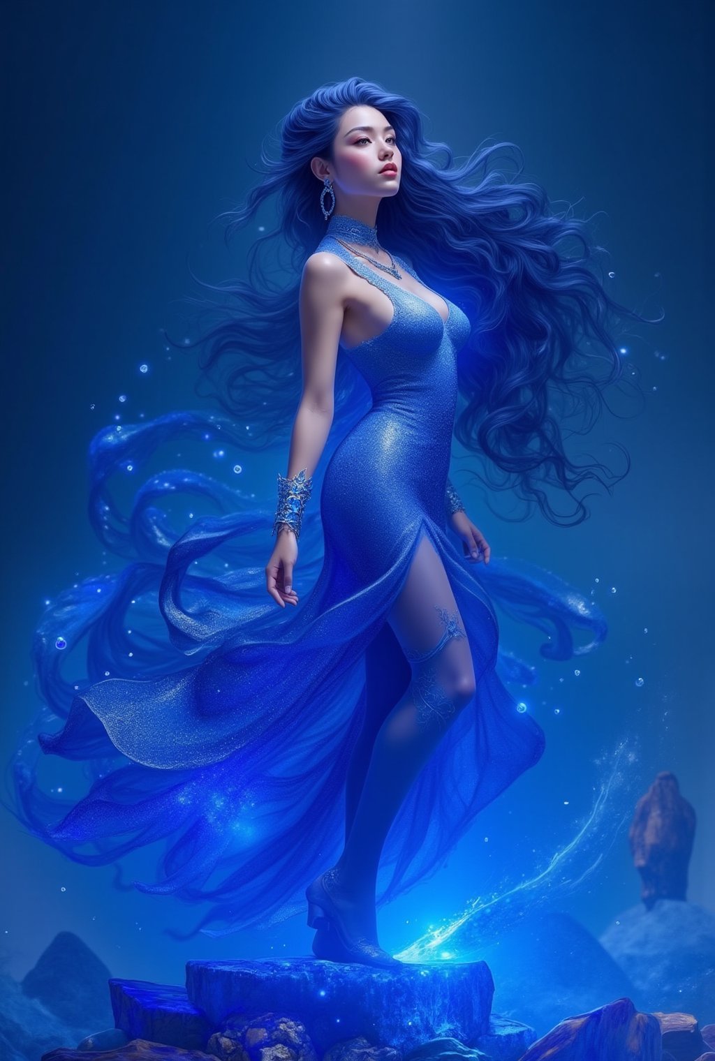 A radiant goddess bathed in sapphire light, her long, flowing hair shimmers like liquid midnight, cascading down her back. Her eyes are deep blue, like the ocean at twilight, glowing with wisdom and mystery. She is adorned in a flowing gown made of sheer, sapphire-hued fabric that glitters with every movement, resembling a river of stars.

Her skin has a cool, luminous sheen, contrasting with the deep blue sapphires embedded in her jewelry—intricate arm cuffs, a delicate diadem, and a necklace that catches the light. She stands atop a crystal platform, surrounded by swirling mist and ethereal blue light, her gaze calm yet powerful, exuding an aura of celestial elegance.   realistic,detailed,sharp focus,high contrast,trending on artstation,rule of thirds,depth of perspective,chiaroscuro lighting.ek_ph0t0_b00ster,jisosmile,ct-identity,ek_art_b00ster,gal gadot,ek_real_b00ster,Hyoyeon,ek_an1_b00ster