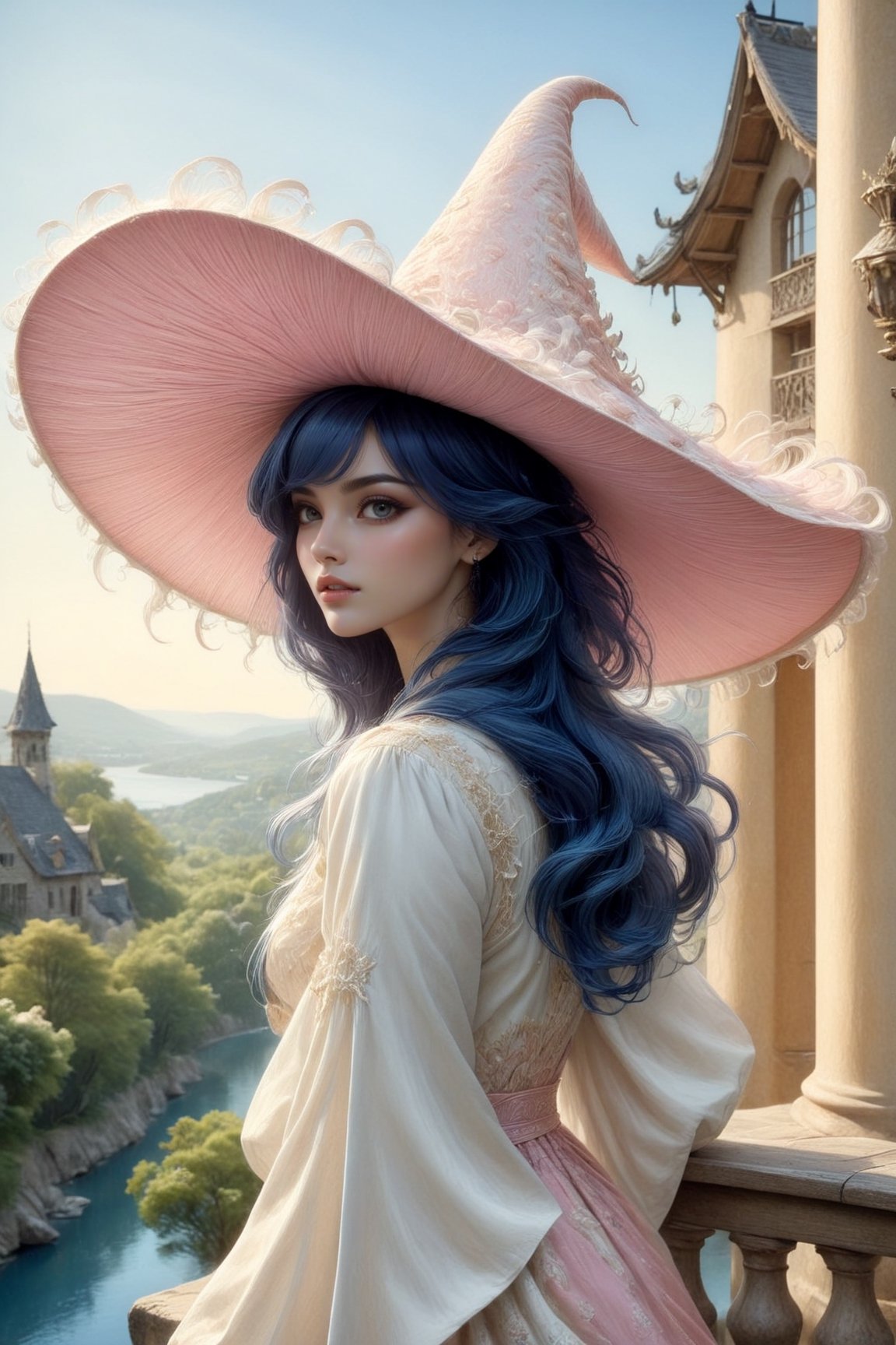 ((Ultra-Detailed)) Photography of a sophisticated witch \(sp.ed.ogInky1\) standing in the balcony of a luxurious mansion,wearing sm1c-witchhat,detailed exquisite face,detailed eyes,detailed soft shiny skin,glossy lips,playful smirks,detailed blonde hair,detailed coral-blue hat,pink and white dress,jewelry,small earrings
BREAK
[backdrop;highly-detailed view of luxurious and (modern:1.2) mansion balcony with beautiful lake view,mountain,blue sky,cloud,boat,tree,vibrant colors],(head to thigh shot)
BREAK
rule of thirds,studio photo,perfect composition,(masterpiece,HDR,trending on artstation,8K,Hyper-detailed,intricate details,hyper realistic,high contrast,Kodachrome 800:1.3),chiaroscuro lighting,soft rim lighting,key light reflecting in the eyes,by Karol Bak,Antonio Lopez,Gustav Klimt and Hayao Miyazaki,art_booster,real_booster,photo_b00ster, Decora_SWstyle,a1sw-InkyCapWitch