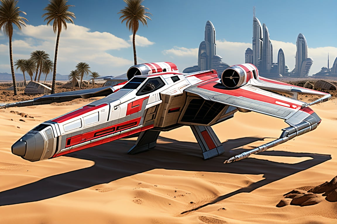 A realistic photo of starship x-wing starfighter in Star Wars universe,red striped body,parked on ground with ((stands)) on desert,wings folded,laser cannons at each wing tip,engines located at wing root, backdrop:desert,sand,palm tree,,sky,cloud,cityscrapes,front left view,R2 D2 walking around next to the ship, ek_starsh1p,ek_xw1ng,ek_xwf1,realistic,detailed,sleek shiny aircraft