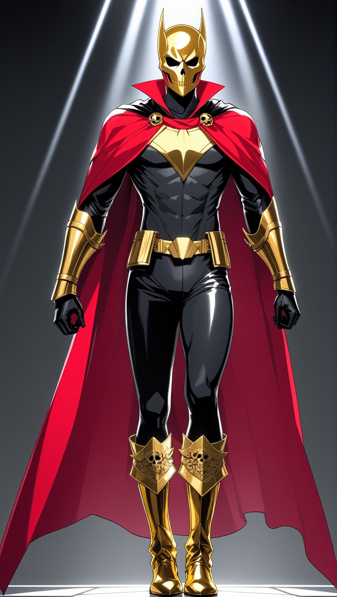 Hyper-Detailed Anime of The Golden Bat \(黄金バット\),solo,1boy, weapon,male focus,boots,sword,cape,mask,parody,skull face,gold colored face and body,black and red cape,superhero,simple background,cluttered maximalism
BREAK
(rule of thirds:1.3),(thick drawing lines:1.2),perfect composition,studio photo,trending on artstation,(Masterpiece,Best quality,32k,UHD,sharp focus,high contrast,HDR,hyper-detailed,intricate details,ultra-clear:1.3),(cinematic lighting),photo_b00ster, real_booster,art_booster,ani_booster