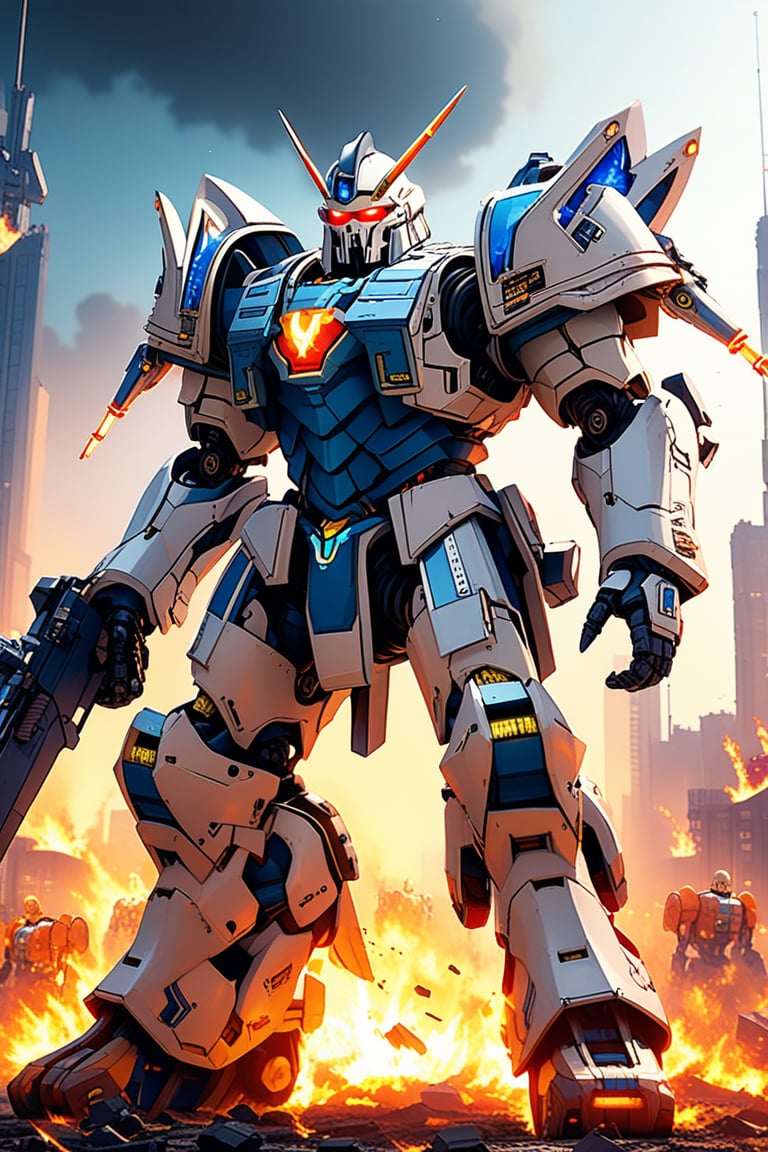 a giant robot \(ek_ct4k\) standing in a battle field,warhammer 4K style,white and blue colored armor,ek_game_3ffect,blurry city background,explosion,fire,flame,dynamic angle,anime style by Makoto Shinkai,ek_ph0t0_b00ster, ek_an1_b00ster,upper body shot