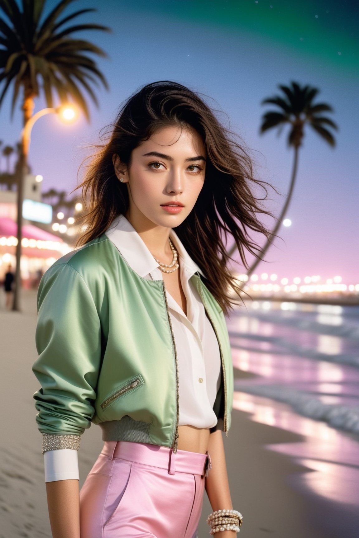 Hyper-Realistic photo of a girl standing on a beach at night,20yo,1girl,solo,Sean Young \(Blade Runner\),detailed exquisite face,detailed soft shiny skin,lips,smile,perfect female form,model body,looking at viewer,disheveled long black hair blowing,[Pink,Gray,Light Green,White color],elegant jacket and shirt,chanel,prada,close up
BREAK
backdrop of beautiful ocean beach,palm tree,harbor city,lights,car,cluttered maximalism
BREAK
(rule of thirds:1.3),perfect composition,studio photo,trending on artstation,depth of perspective,(Masterpiece,Best quality,32k,UHD:1.4),(sharp focus,high contrast,HDR,hyper-detailed,intricate details,ultra-realistic,award-winning photo,ultra-clear,kodachrome 800:1.3),(chiaroscuro lighting:1.3),by Antonio Lopez, Diego Koi, Karol Bak and Hayao Miyazaki,photo_b00ster, real_booster,art_booster