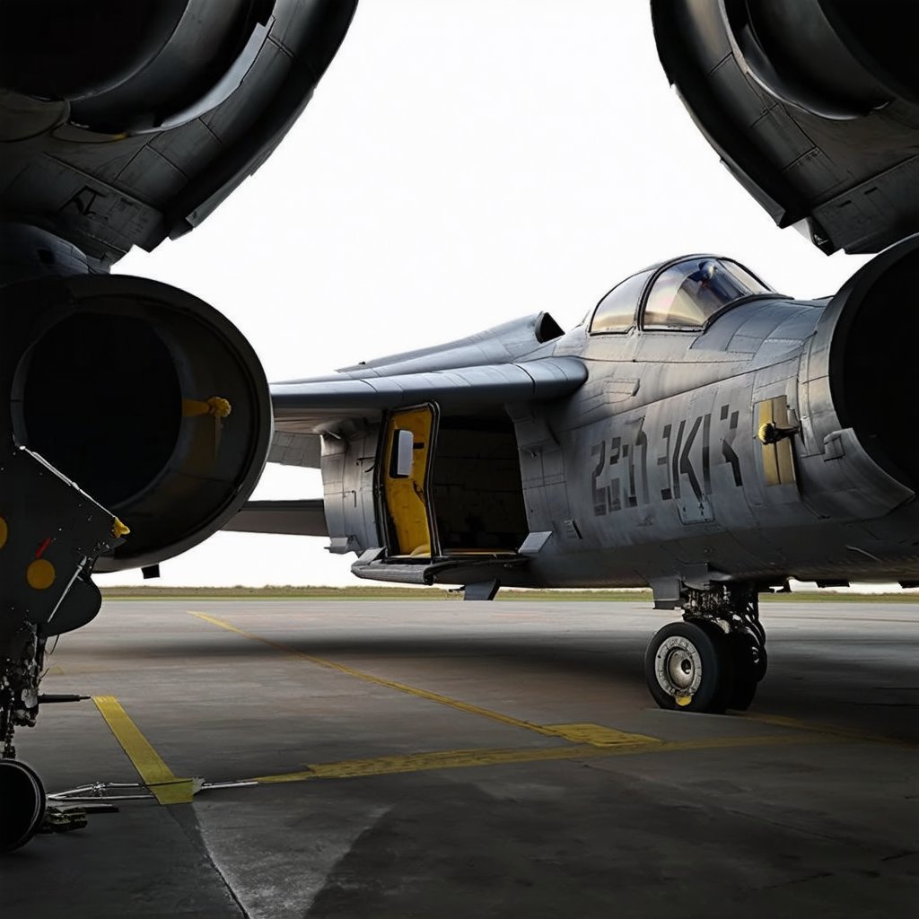 ((Ultra-realistic)) photo of an aircraft \(ek_raz0r_cre5t\),parked on ground,military,cannon,thrusters,entrance door open,depth of perspective,aircraft focus,dark backdrop
BREAK
sharp focus,high contrast,studio photo,rule of thirds,perfect composition,ek_raz0r_cre5t