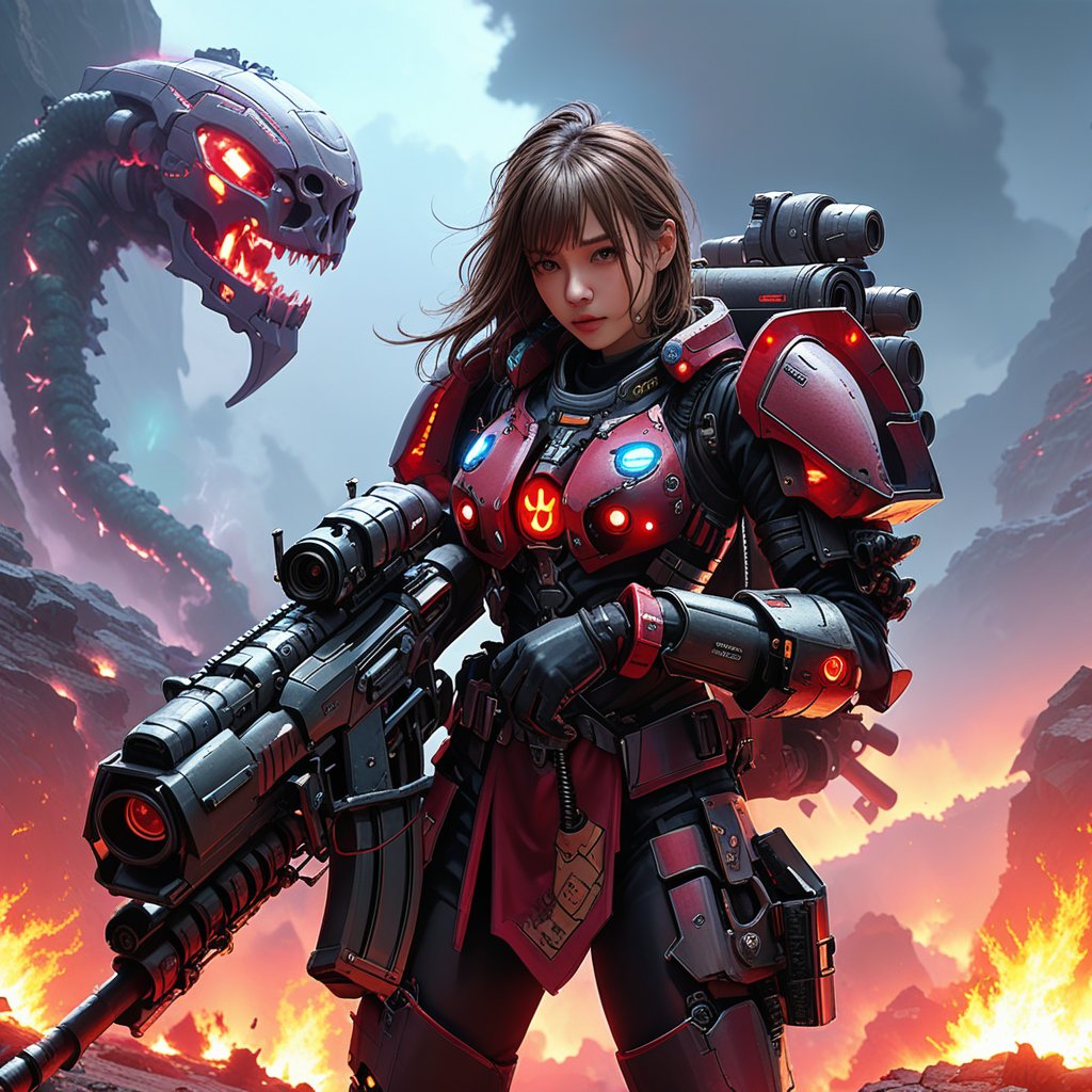 a girl in warhammer 4K style armor suit \(ek_g4k\),holding rifle,ek_game_3ffect,looking at viewer,blurry alien landscape background,smoke,flame,dynamic angle,anime style by makoto shinkai,detailed, ek_ph0t0_b00ster, ek_an1_b00ster,upperbody shot