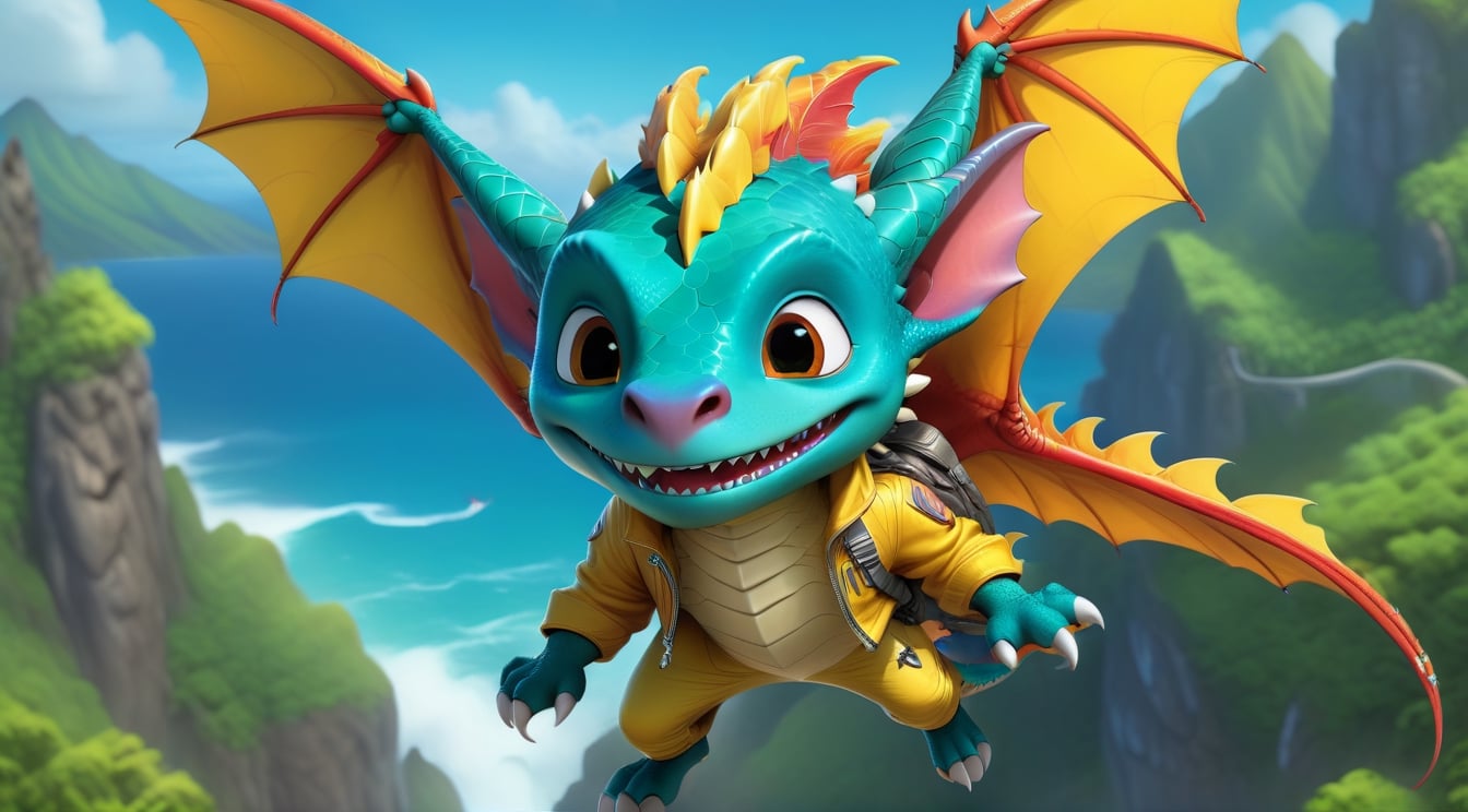 Cartoon: a cute dragon boy,flying in a hang glider,mustard-yellow biker jacket,Hawaii  backdrop,highly detailed,ultra-realistic,sharp focus,cinematic lighting,rule of thirds,depth of perspective,trending on artstation,(fullbody wide sideshot:1.3),animation style,dragon_h,art_booster