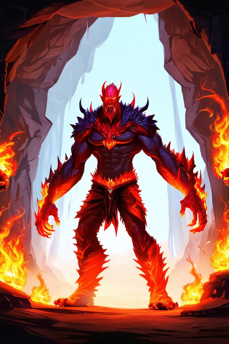 An evil man stands in a ((dark)) cave. He uses magic spell and turns into the fire monster \(ek_ge1frt\),
,fire elemental effect, ek_game_3ffect,realistic,