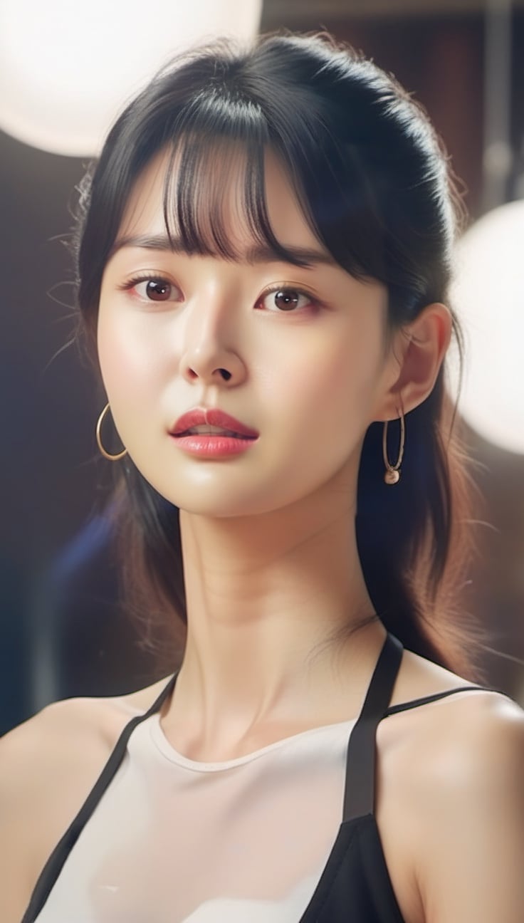 Very (detailed) illustration of a ((best quality)), ((masterpiece)),mesmerizing and alluring female model standing in photo studio,23yo,looking at viewer,disheveled black bobcut,[glossy lips] BREAK aesthetic,detailed exquisite face,skinny tight clothes,torn clothes,[bare] shoulders,small earrings,jewelry,hourglass_figure,natural huge breasts,glossy skin BREAK gentle smile,[colorful],rule of thirds,cinematic lighting,very sexy pose,full body, detailmaster2,kwon-nara-xl