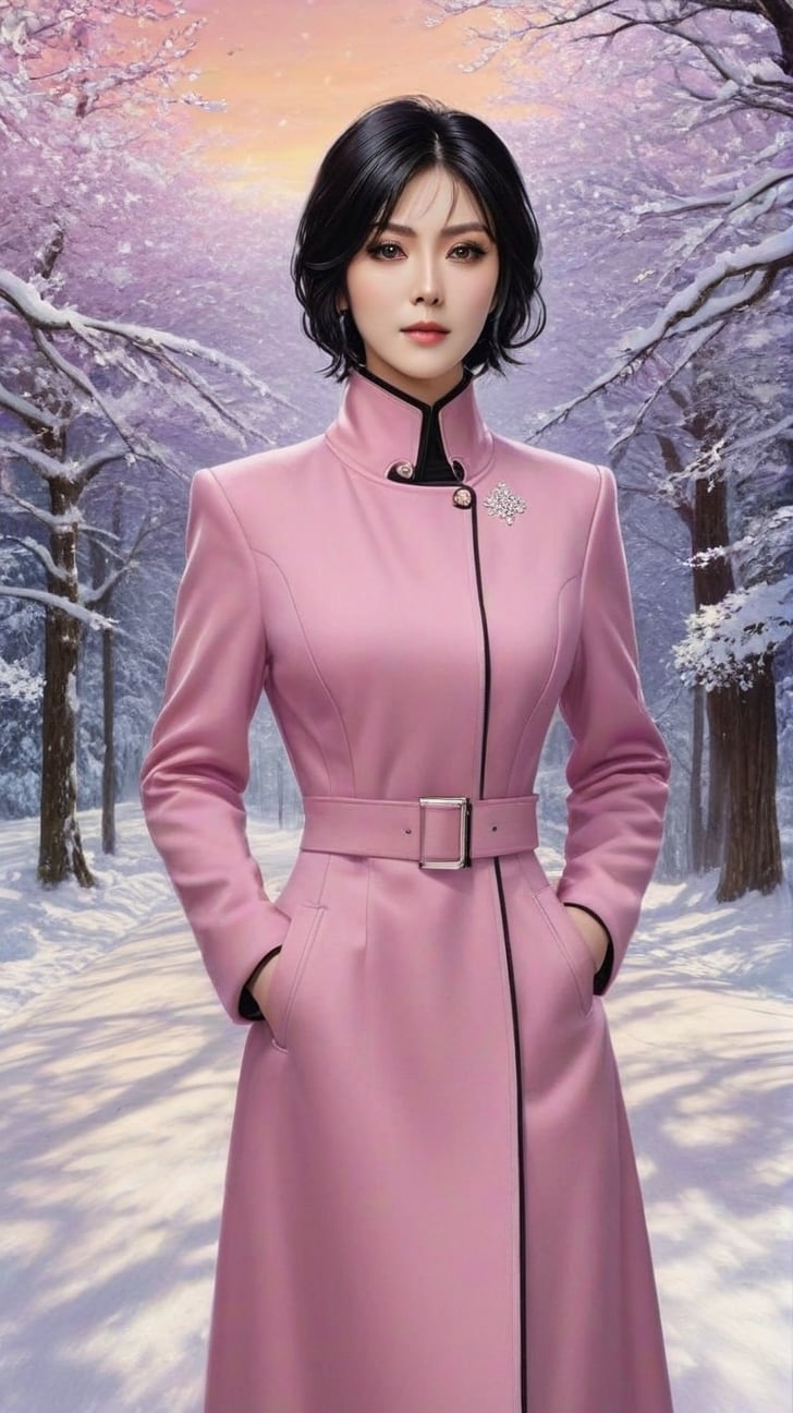 Hyper-realistic portrait of a sophisticated girl,20yo,standing in snow road,alluring neighbor's wife,clear facial features,detailed exquisite face,perfect female form,elegant jacket on dress,detailed backdrop,(Silver Meteor,Persian Pink,Black Mahogany,Cream Caramel color),(Fullbody wideshot),
trending on artstation,perfect composition,cinematic lighting,anime vibes,kuchiki rukia,pen and ink,by Karol Bak and Gustav Klimt
BREAK A realistic photo of snow road in winder resort1,snow,tree,winter resort1,hyper detailed,16K,HDR,hyper-realistic,sharp focus,high contrast