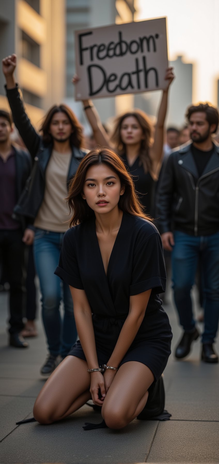 A young woman kneels on the ground, her hands cuffed behind her back, yet her gaze remains fierce and defiant. She wears a determined expression, refusing to show fear even in captivity. Behind her, a passionate crowd holds up a 'Freedomr Death' sign, their faces filled with anger and solidarity. The intensity of the scene captures the spirit of resistance, highlighting the woman’s bravery and the unwavering demand for justice in the face of oppression.
BREAK
detailed exquisite face,soft shiny skin,realistic,detailed,sharp focus,high contrast,rule of thirds,depth of perspective,award-winning photo,chiaroscuro lighting,ek_g1rl_02