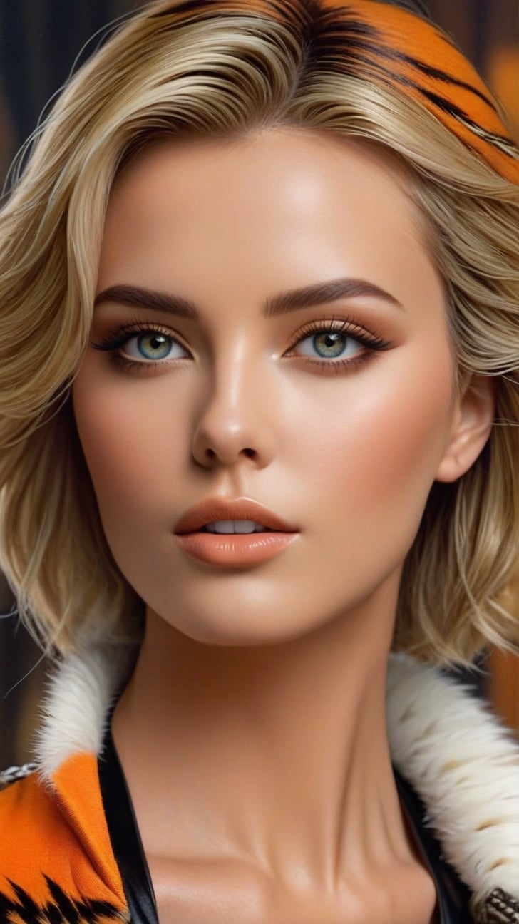 Hyper-realistic portrait of a gorgeous girl posing in photo studio,23yo,(Charlize Theron),alluring neighbor's wife,clear facial features,perfect female form,model body,bokeh backdrop,jacket on shirt,studio photo,(Tiger Eye,Persian Orange color),trending on artstation,(Hyper-realistic photography,Masterpiece, HDR,Hyper-detailed,intricate details,Kodakchome 800:1.2),Cinematic lighting,by Karol Bak Alessandro Pautasso and Hayao Miyazaki,real_booster,art_booster