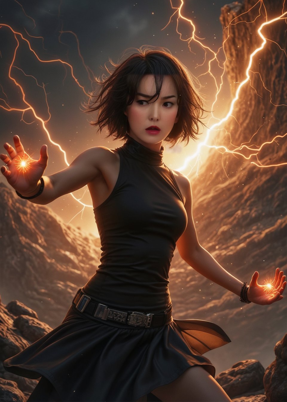 Hyekyo,(short hair,wearing black sleeveless one piece skirt with turtle neck),with an intense expression of rage, shouts at Gillermalus, her body glowing with a powerful aura. Her hands are outstretched, and her telekinetic energy is visible, crackling around her like lightning, while she prepares to unleash her full power. simple background.realistic,detailed,masterpiece,best quality,sharp focus,high contrast,rule of thirds,depth of perspective,trending on artstation,chiaroscuro lighting,song-hyegyo-xl,photo_b00ster