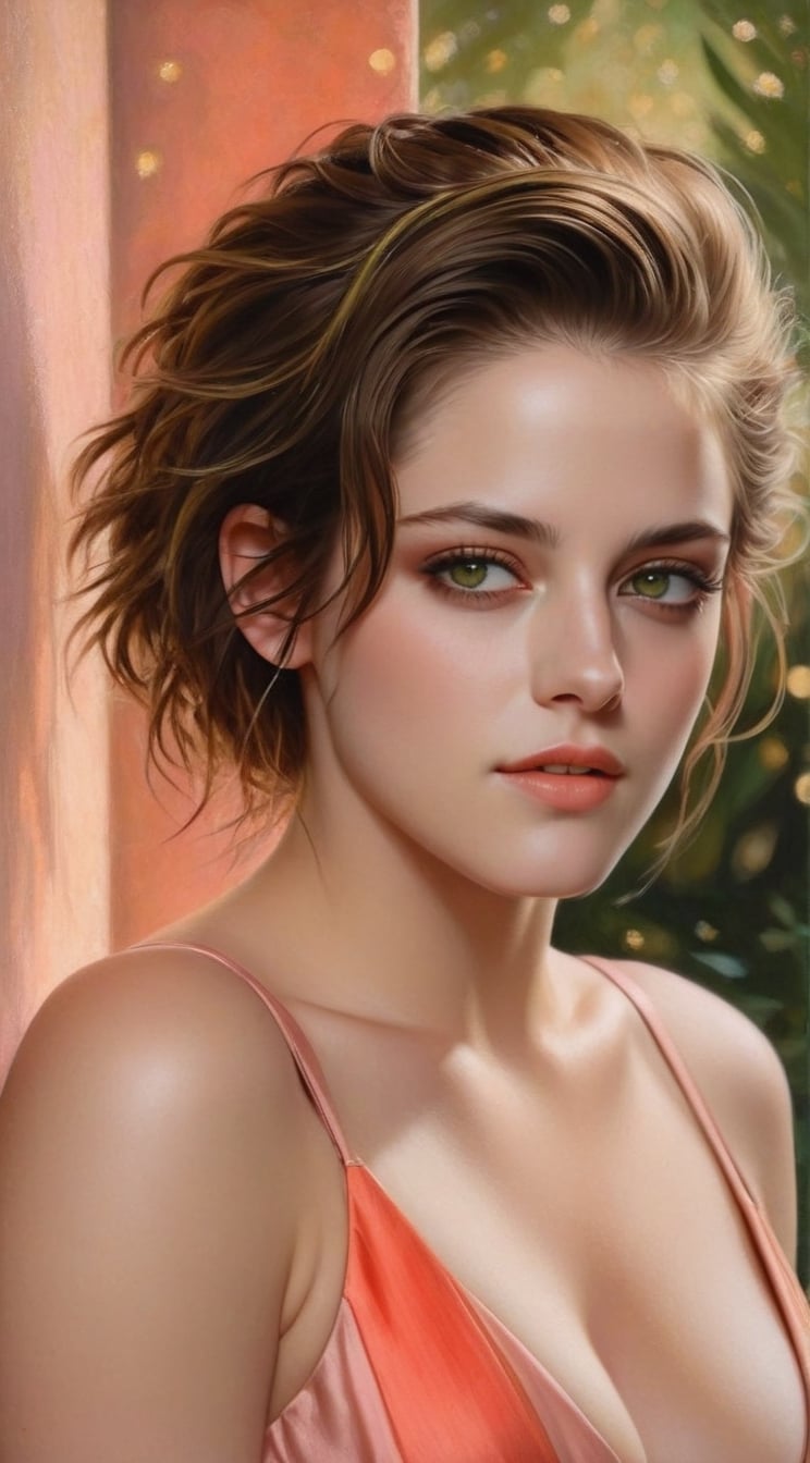 realistic half body portrait of a beautiful woman,alluring neighbor's wife,(Kristen Stewart),body model portrait,clear facial features,perfect body,perfect in every way,playful smirks,seductive eyes,elegant dress,(Apricot,Coral Pink,Olive Green,Sand Beach colors),rule of thirds,chiaroscuro lighting,soft rim lighting,key light reflecting in the eyes,bokeh backdrop,painterly,by karol bak and gustav klimt,art_booster,real_booster