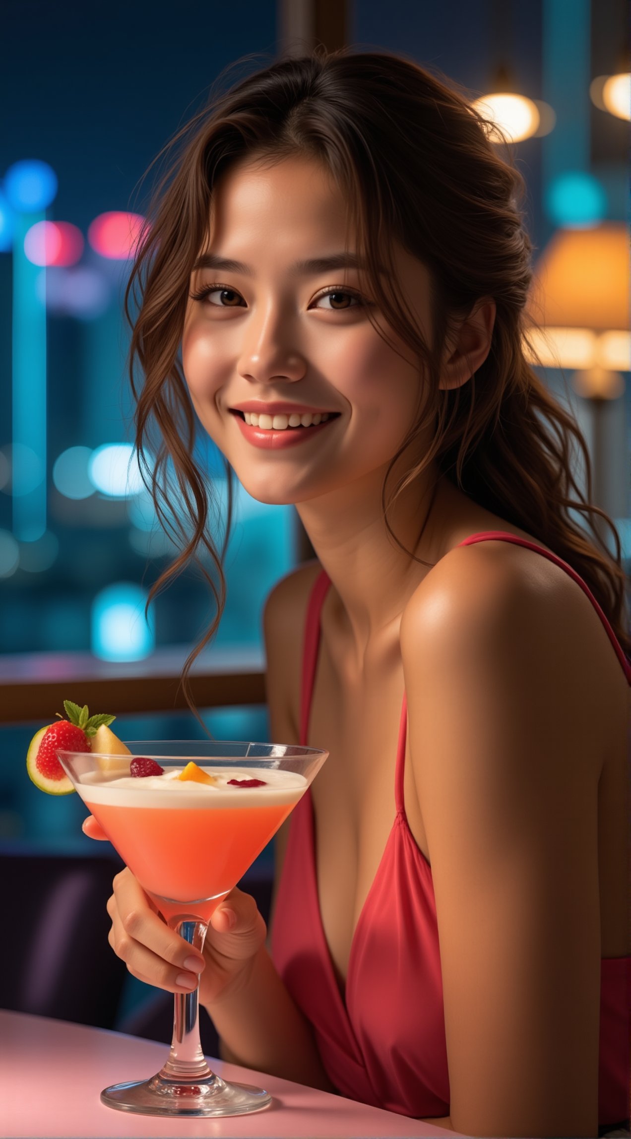 a beautiful girl,exquisite face,smile,wearing urban high fashion style,in a skyview cafe at night,cocktail,dessert,city scrapes,chiaroscuro lighting,[Coral Pink,Lime Green,Purple,White colors],sharp high nose,ek_art_b00ster,beauy_ks01