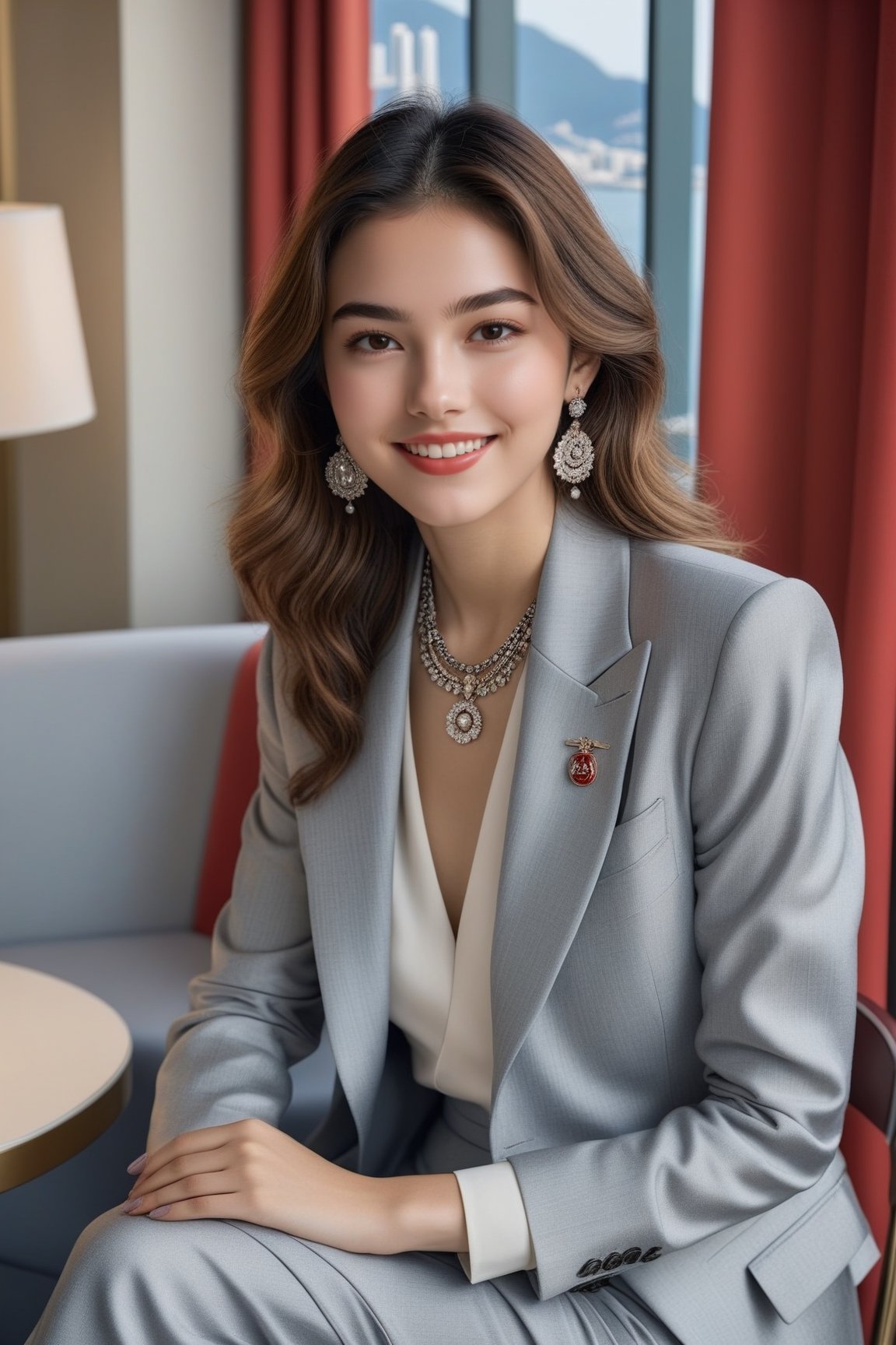 Hyper-Realistic photo of a french girl sitting in a hotel room chair,20yo,1girl,perfect female form,perfect body proportion,perfect anatomy,red and grey color,elegant jacket ,detailed exquisite face,soft shiny skin,smile,mesmerizing,disheveled hair,small earrings,necklaces,chanel bag,cluttered maximalism
BREAK
(backdrop of a beautiful night scene of Gwang Ahn Dae Gyo bridge in Busan,Korea,ocean,bridge,table, window,curtain,coffee mug),(fullbody:1.2)
BREAK
(rule of thirds:1.3),perfect composition,studio photo,trending on artstation,(Masterpiece,Best quality,32k,UHD:1.4),(sharp focus,high contrast,HDR,hyper-detailed,intricate details,ultra-realistic,award-winning photo,ultra-clear,kodachrome vintage:1.25),(chiaroscuro lighting,soft rim lighting:1.15),by Karol Bak,Antonio Lopez,Gustav Klimt and Hayao Miyazaki,photo_b00ster,real_booster,art_booster