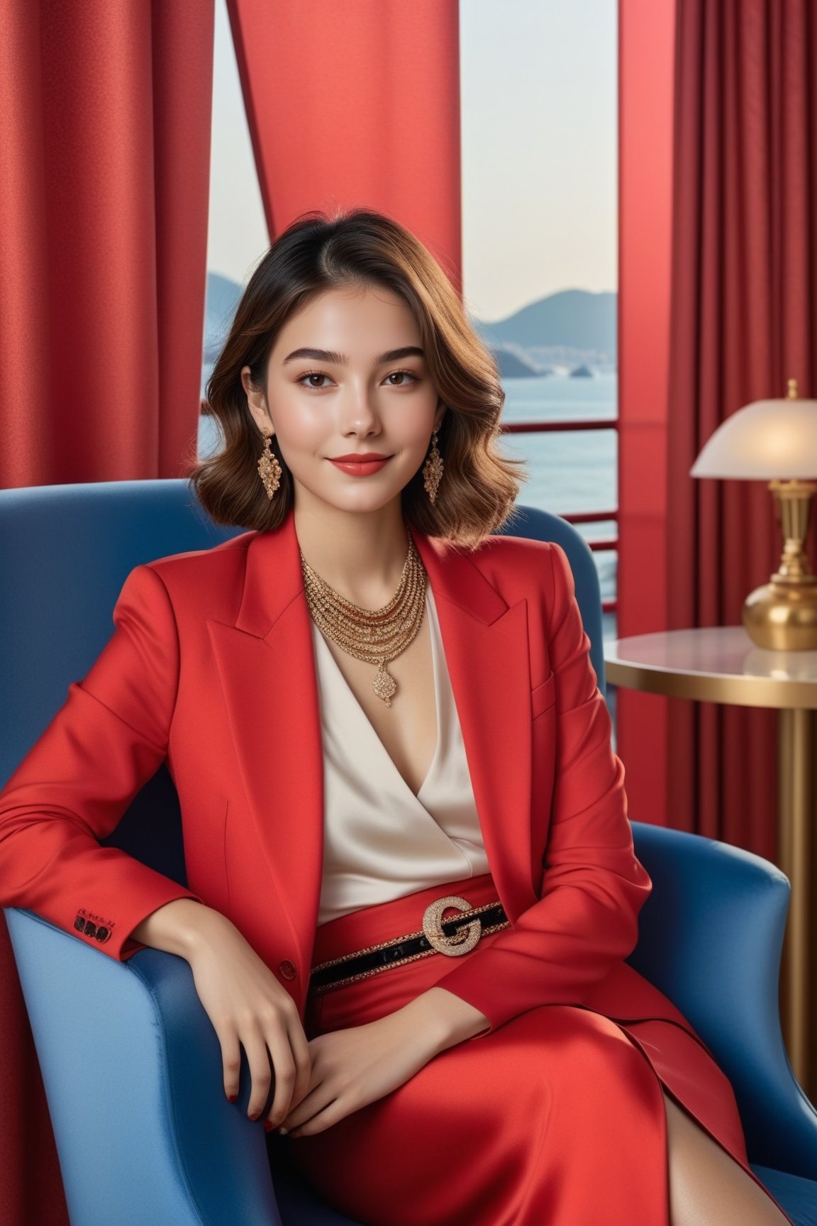 Hyper-Realistic photo of a french girl sitting in a hotel room chair,20yo,1girl,perfect female form,perfect body proportion,perfect anatomy,red color,elegant jacket ,detailed exquisite face,soft shiny skin,smile,mesmerizing,disheveled hair,small earrings,necklaces,chanel bag,cluttered maximalism
BREAK
(backdrop of a beautiful night scene of Gwang Ahn Dae Gyo bridge in Busan,Korea,ocean,bridge,table, window,curtain,coffee mug),(fullbody:1.2)
BREAK
(rule of thirds:1.3),perfect composition,studio photo,trending on artstation,(Masterpiece,Best quality,32k,UHD:1.4),(sharp focus,high contrast,HDR,hyper-detailed,intricate details,ultra-realistic,award-winning photo,ultra-clear,kodachrome vintage:1.25),(chiaroscuro lighting,soft rim lighting:1.15),by Karol Bak,Antonio Lopez,Gustav Klimt and Hayao Miyazaki,photo_b00ster,real_booster,art_booster