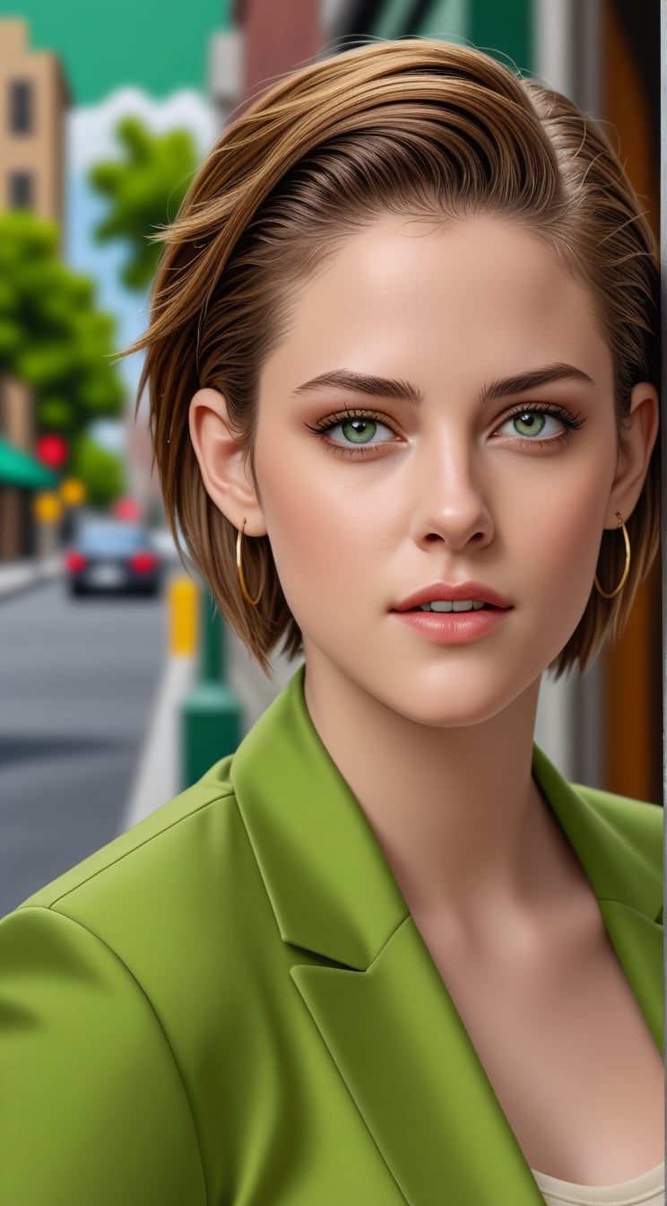 ((Hyper-realistic)) portrait of a sophisticated girl,20yo, (Kristen Stewart),alluring neighbor's wife,clear facial features,perfect female form,model body,city street backdrop,studio photo,(Modern Green,Hazel Brown,Cream color),patchworks,trending on artstation,(Hyper-realistic photography,Masterpiece,HDR,Hyper-detailed,intricate details,Kodakchome 800,sharp focus,high contrast:1.3), close up,cinematic lighting,by Sakimichan,Yoji Shinkawa and Serafleur,real_booster, art_booster,H effect,more detail XL,<lora:659095807385103906:1.0>