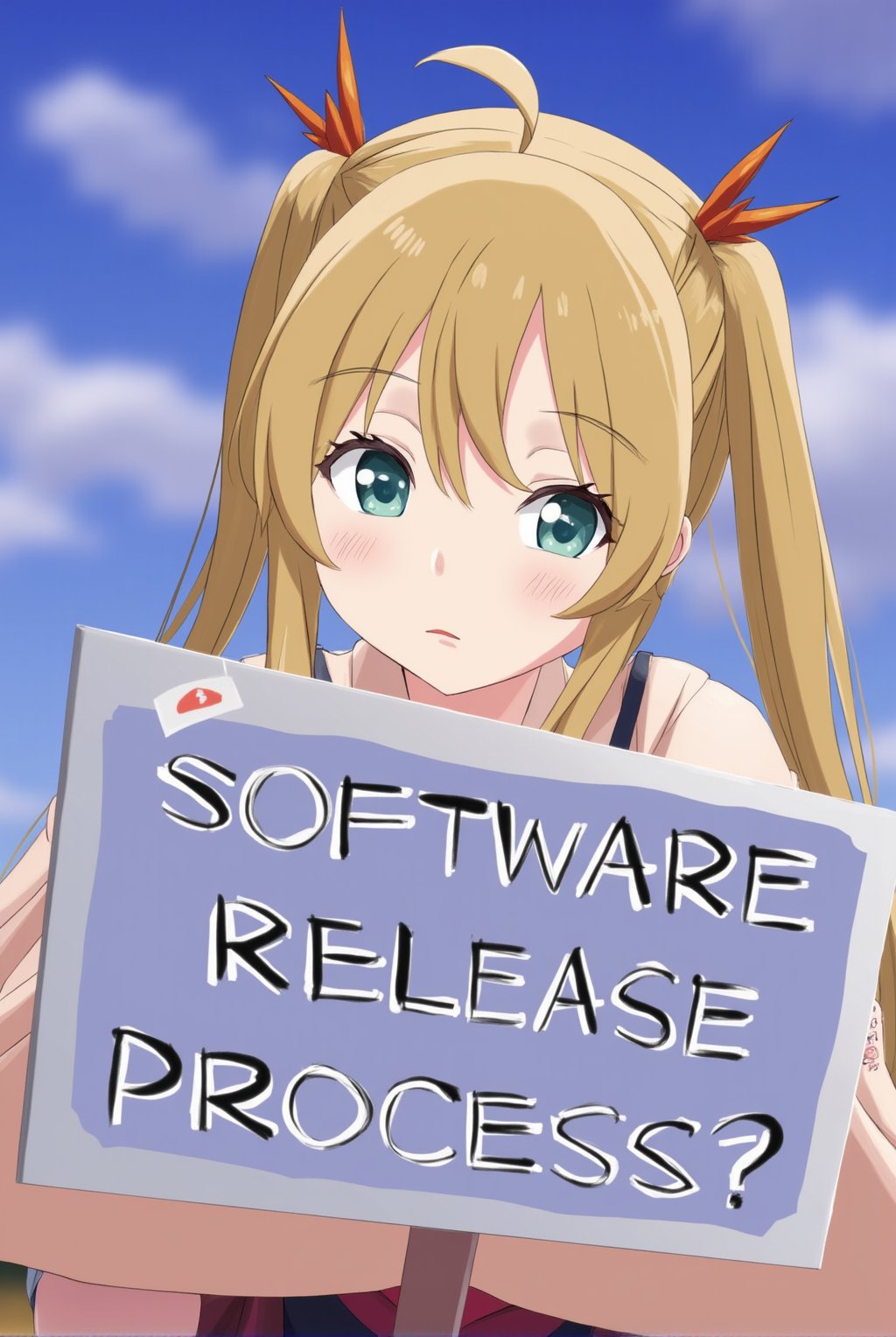 Anime of a cute girl holding a big post sign with text: "Software Release Process?". looking sad,simple background,ek_ph0t0_b00ster,ek_an1_b00ster,ek_art_b00ster,ek_game_3ffect,ek_real_b00ster