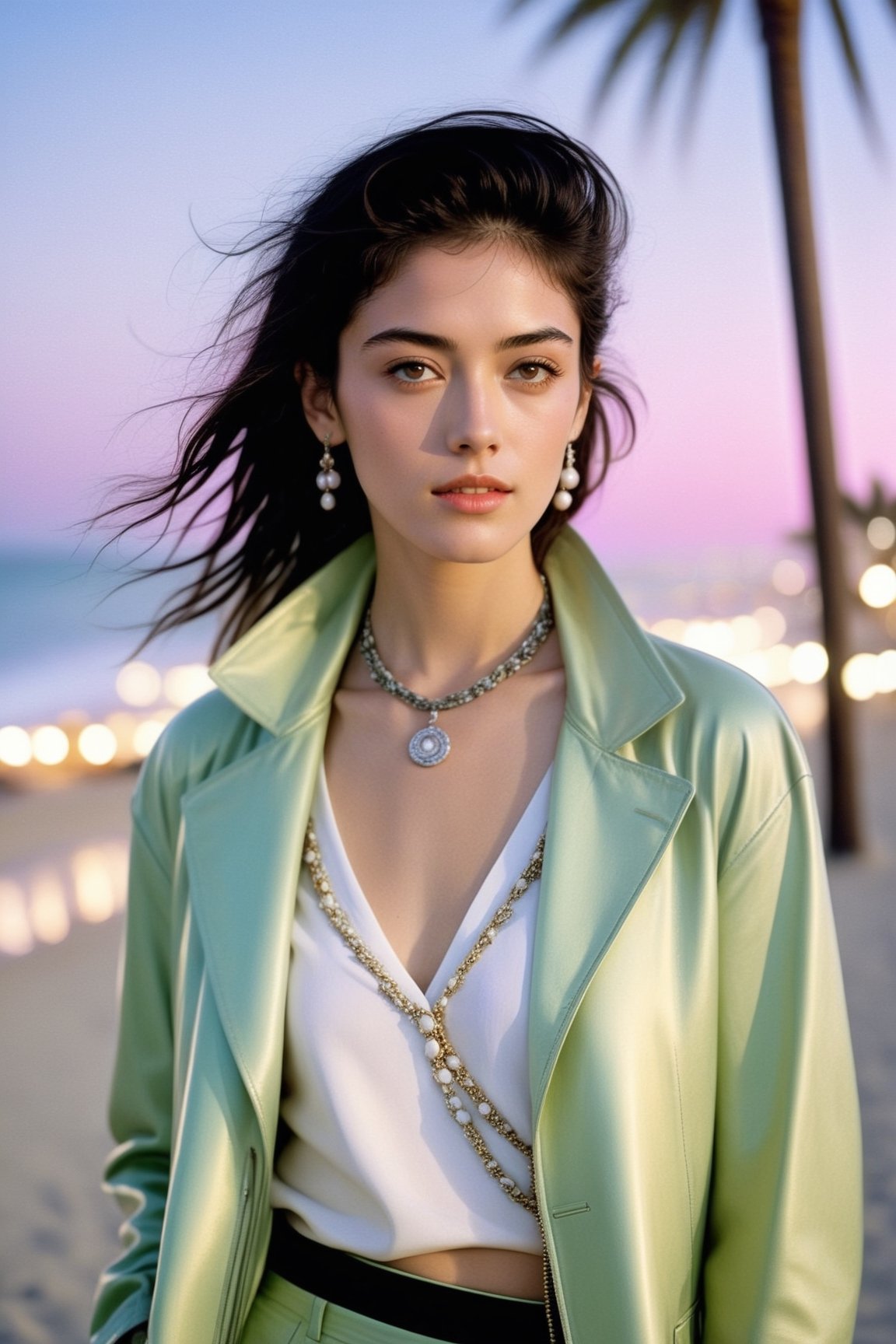 Hyper-Realistic photo of a girl standing on a beach at night,20yo,1girl,solo,Sean Young \(Blade Runner\),detailed exquisite face,detailed soft shiny skin,lips,smile,perfect female form,model body,looking at viewer,disheveled long black hair blowing,[Pink,Gray,Light Green,White color],elegant jacket and shirt,chanel,prada,close up
BREAK
backdrop of beautiful ocean beach,palm tree,harbor city,lights,car,cluttered maximalism
BREAK
(rule of thirds:1.3),perfect composition,studio photo,trending on artstation,depth of perspective,(Masterpiece,Best quality,32k,UHD:1.4),(sharp focus,high contrast,HDR,hyper-detailed,intricate details,ultra-realistic,award-winning photo,ultra-clear,kodachrome 800:1.3),(chiaroscuro lighting:1.3),by Antonio Lopez, Diego Koi, Karol Bak and Hayao Miyazaki,photo_b00ster, real_booster,art_booster