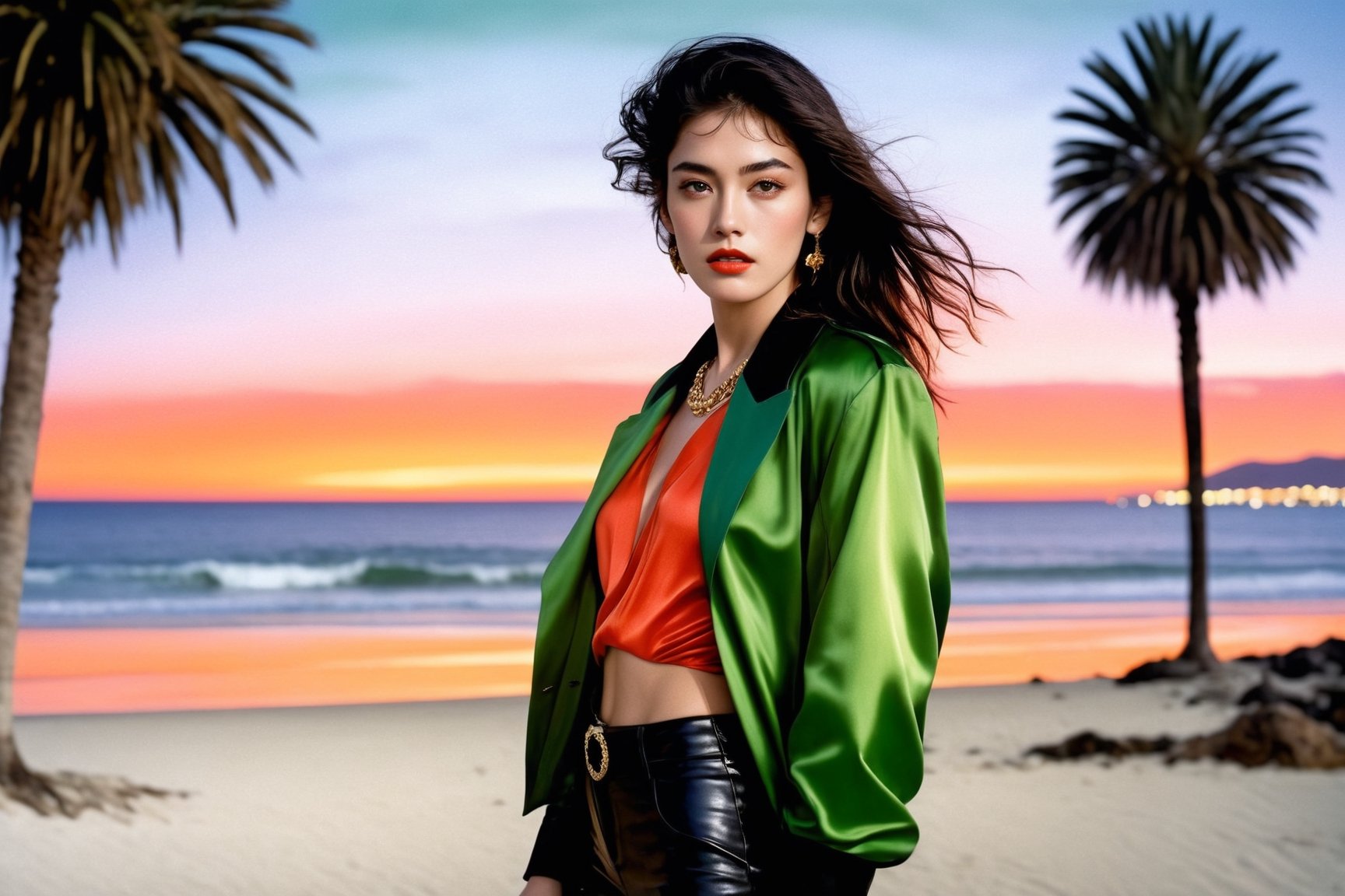 Hyper-Realistic photo of a girl standing on a beach at night,20yo,1girl,solo,Sean Young \(in Blade Runner\),detailed exquisite face,detailed soft shiny skin,lips,smile,perfect female form,model body,looking at viewer,disheveled long black hair blowing,[Red Orange and Tear Green color],elegant jacket and shirt,chanel,prada,close up
BREAK
backdrop of beautiful ocean beach,palm tree,harbor city,lights,car,cluttered maximalism
BREAK
(rule of thirds:1.3),perfect composition,studio photo,trending on artstation,depth of perspective,(Masterpiece,Best quality,32k,UHD:1.4),(sharp focus,high contrast,HDR,hyper-detailed,intricate details,ultra-realistic,award-winning photo,ultra-clear,kodachrome 800:1.3),(chiaroscuro lighting:1.3),by Antonio Lopez, Diego Koi, Karol Bak and Hayao Miyazaki,photo_b00ster, real_booster,art_booster