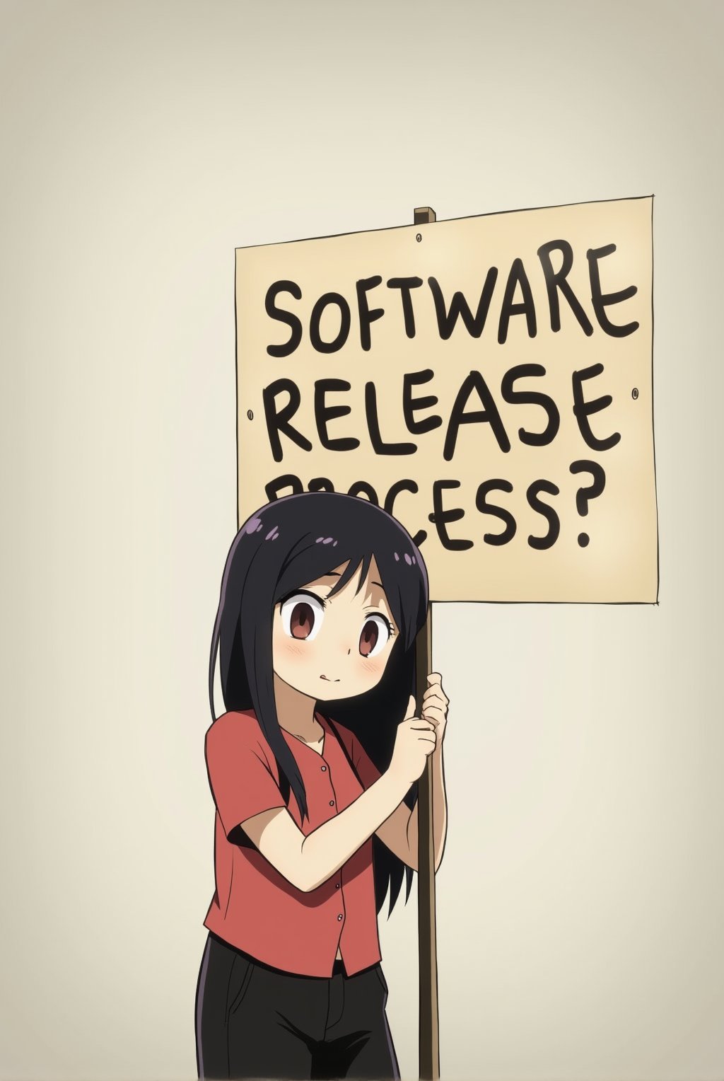 Anime of a cute girl holding a big post sign with text: "Software Release Process?". looking sad,simple background,ek_ph0t0_b00ster,ek_an1_b00ster,ek_art_b00ster,ek_game_3ffect,ek_real_b00ster