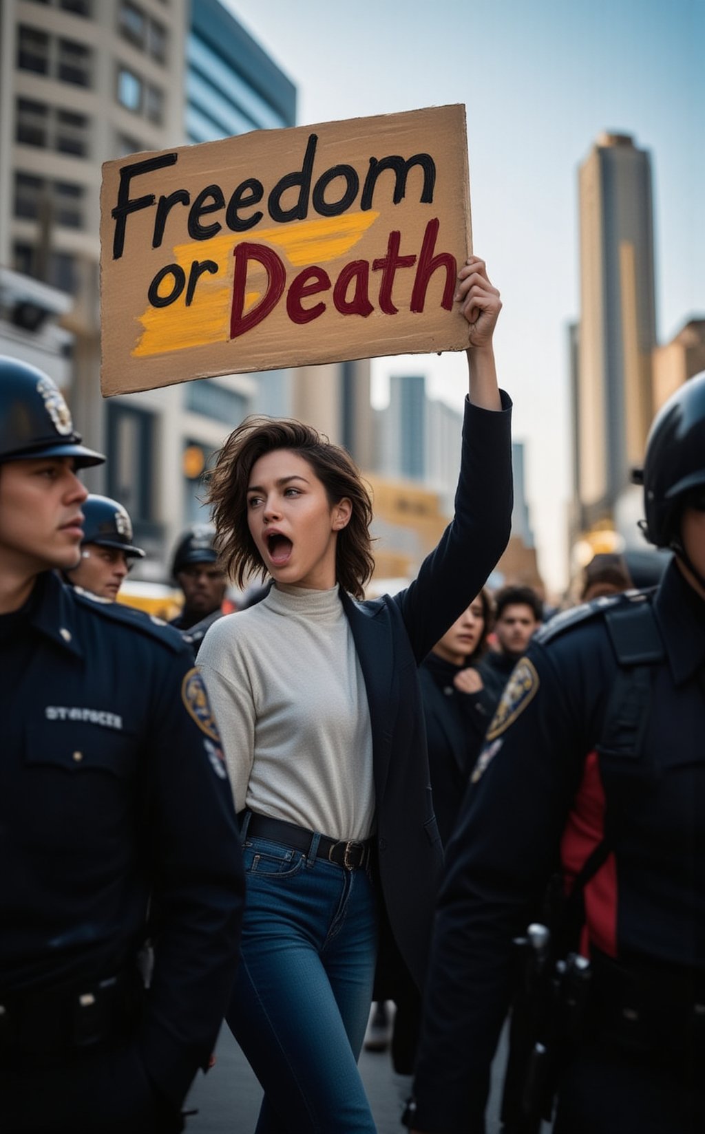 A powerful scene of a beautiful, determined woman leading a protest march, standing at the forefront of a crowd. She holds a bold, hand-painted banner that reads 'Freedom or Death,' her eyes filled with courage as she shouts passionately, her voice carrying over the crowd. The woman is not alone—beside her, protesters march in solidarity, gripping the edges of the same banner, their faces showing the same resolve and defiance. The atmosphere is tense, as uniformed police officers surround the group on all sides, their presence creating a stark contrast to the hopeful, fearless energy of the marchers. The woman’s posture is unwavering, her fist raised high as she leads the chant, symbolizing resistance and the fight for freedom. The scene captures a moment of bravery, where a single voice, joined by many, stands firm against oppression, with the looming threat of force ever-present. The tension in the air is palpable, but the spirit of the protesters remains unbroken." This prompt captures the emotion and intensity of a protest where the fight for freedom takes center stage.
BREAK
realistic,detailed,sharp focus,high contrast,rule of thirds,depth of perspective,award-winning photo,chiaroscuro lighting
BREAK
ek_g1rl_02,ek_art_b00ster,beauy_ks01, ek_ph0t0_b00ster